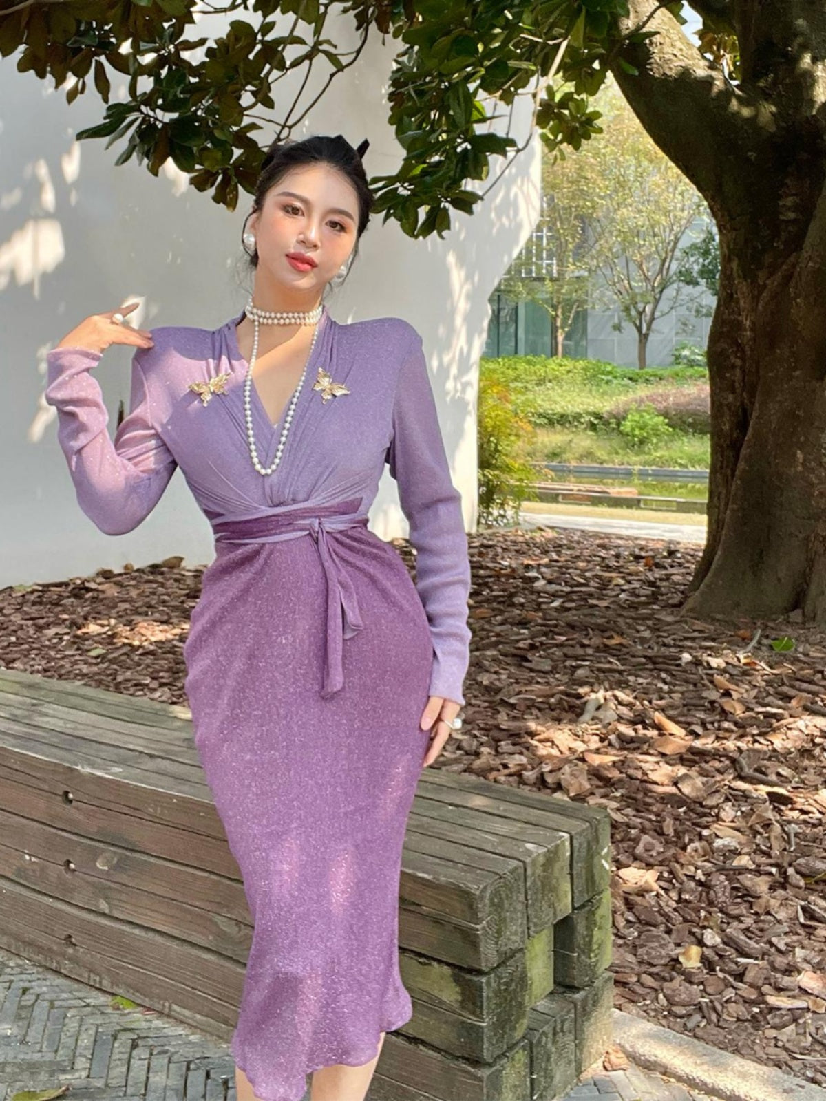 Can stand upright Kong-lylofficial Butterfly Orchid Gold Thread Bodycon Dress Elegant Temperament High-end Sexy Women
