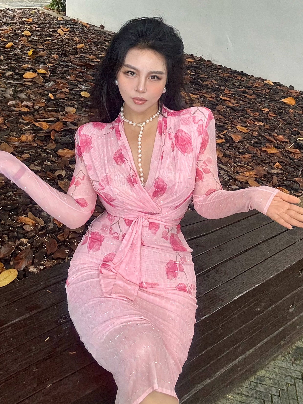 Can stand upright Kong-lylofficial Exquisite Peach Blossom Mesh Sparkling Diamond Bodycon Dress Elegant High-end Feel Brightening