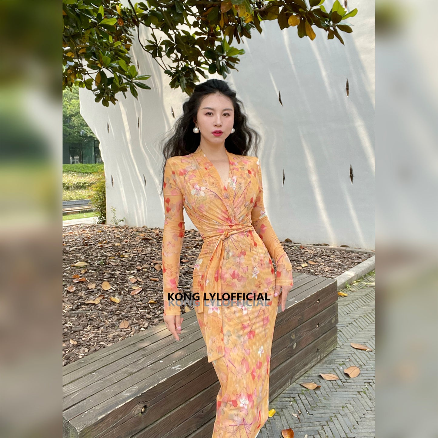 Keli Kong-lylofficial Designer Brand Amber Ginkgo Mesh Slim Dress Elegant Slim Looking Female