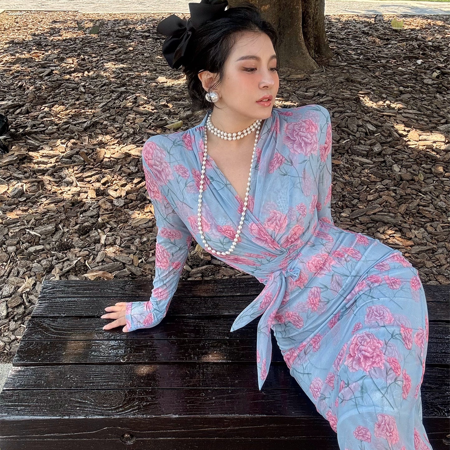 Can stand upright Kong-lylofficial Elegant and High-End Feminine Peony Mesh Wrap Dress
