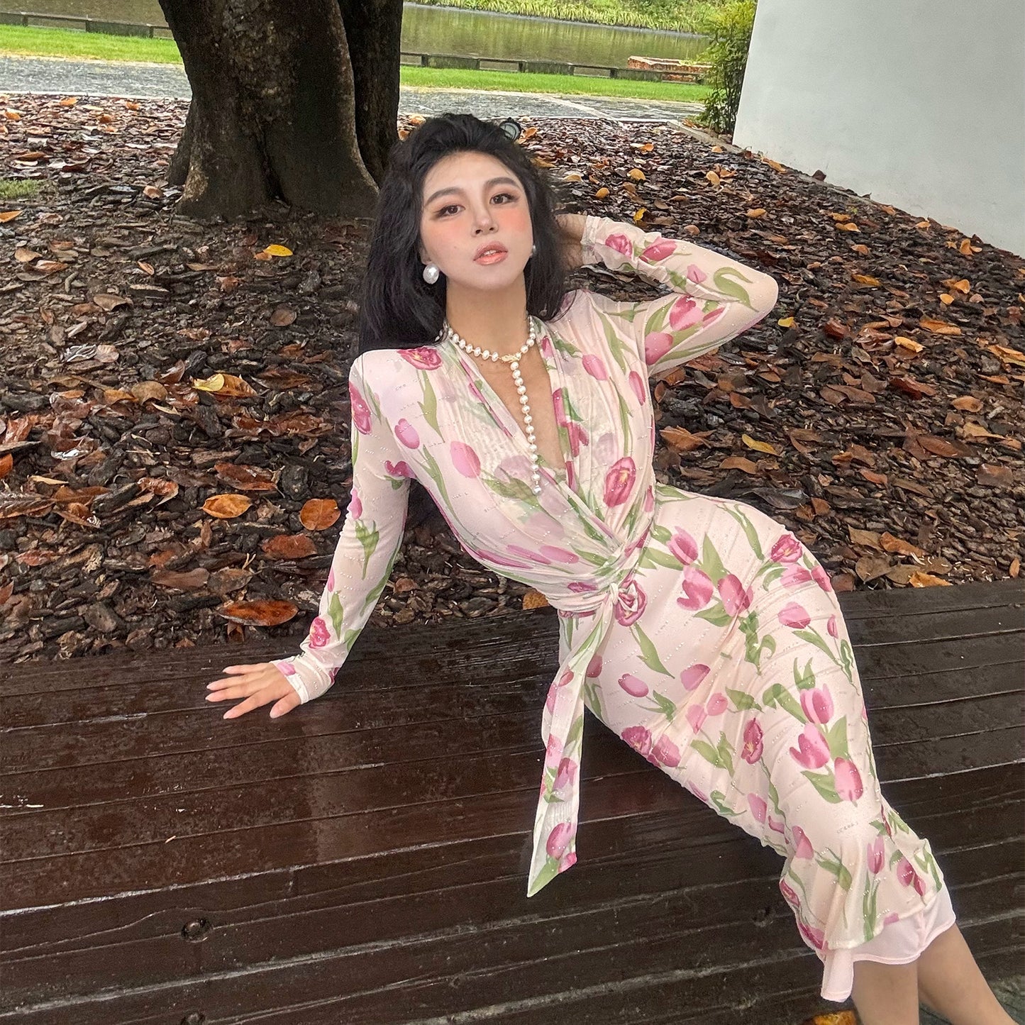 Can stand upright Kong-lylofficial Evening Breeze Tulip Mesh Sparkling Diamond Bodycon Dress Sweet Elegant High-end Feel