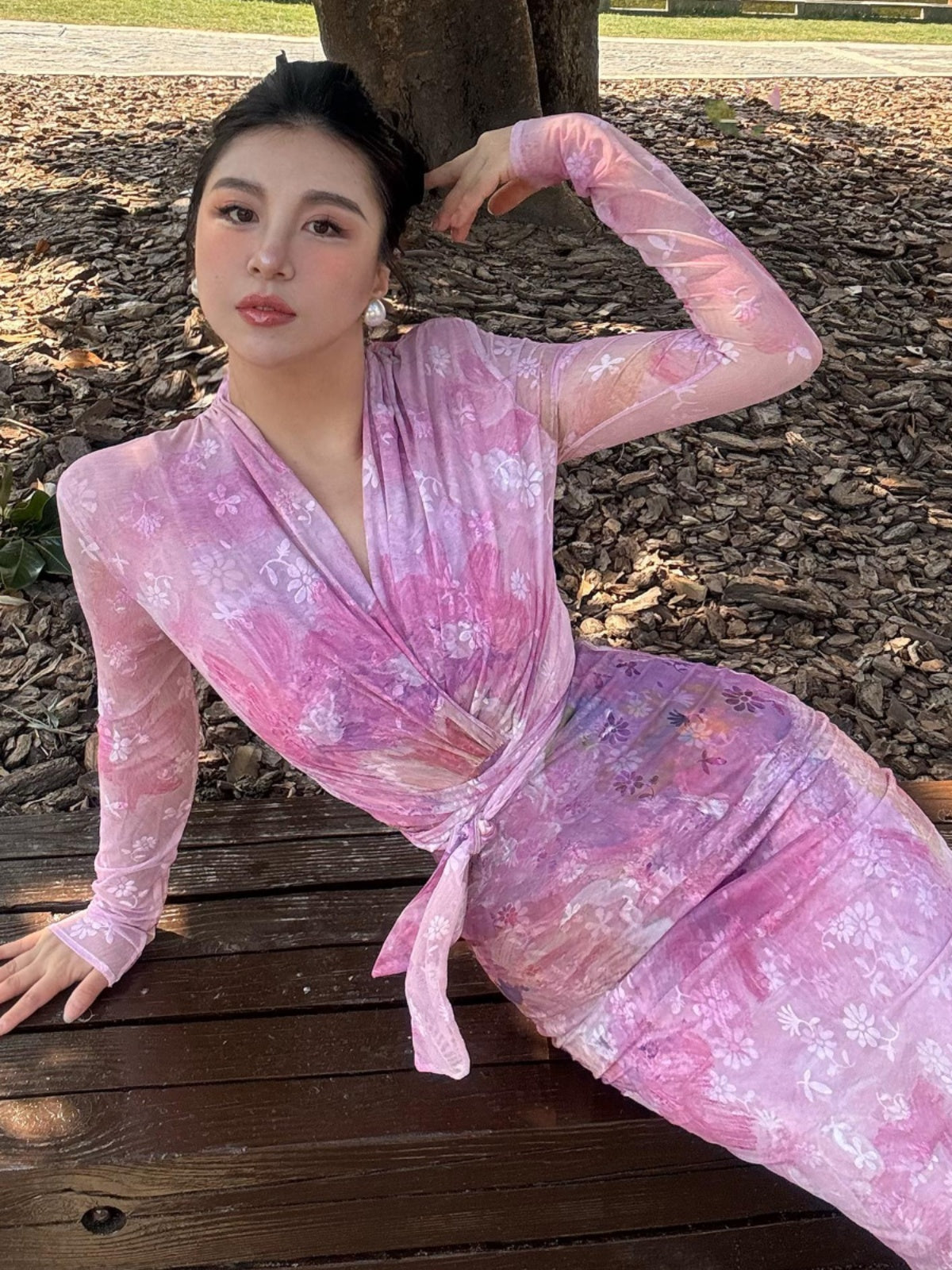 Can stand upright Kong-lylofficial Gold Powder Peony Nano Sheer Printed Wrap Dress Sexy Feminine