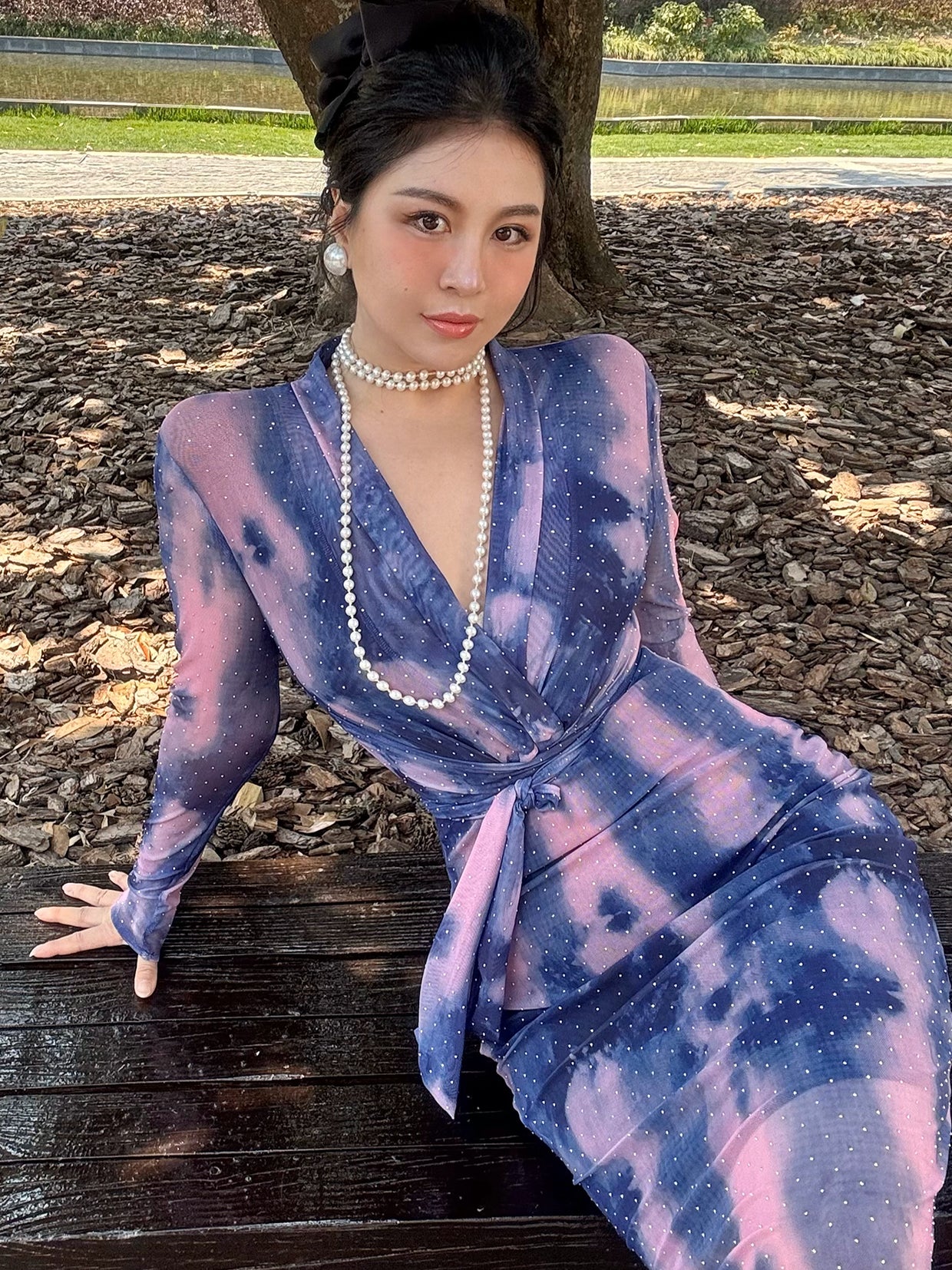 Can stand upright Kong-lylofficial Crystal Pearl Pink Mesh Sparkling Diamond Bodycon Dress Elegant Whitening High-end Feel