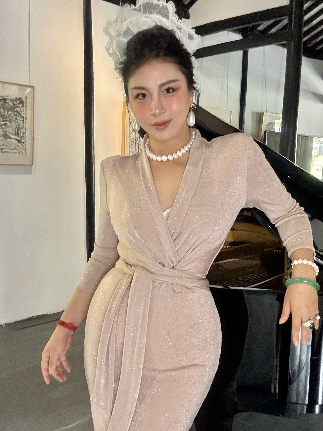 Can stand upright Kong-lylofficial Coral Pink Rhinestone Wrapped Dress Elegant High-End Sexy Slimming Women