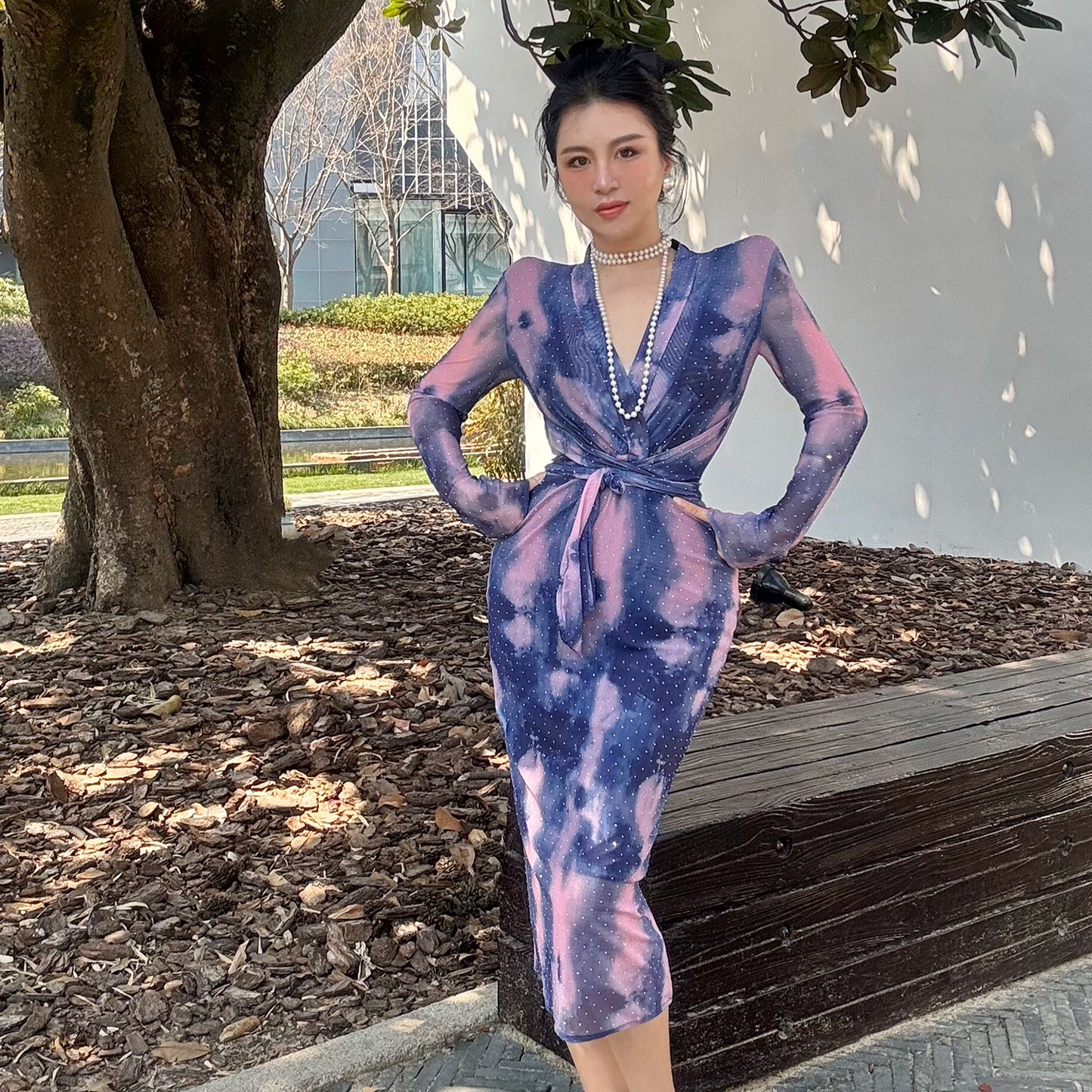 Can stand upright Kong-lylofficial Crystal Pearl Pink Mesh Sparkling Diamond Bodycon Dress Elegant Whitening High-end Feel