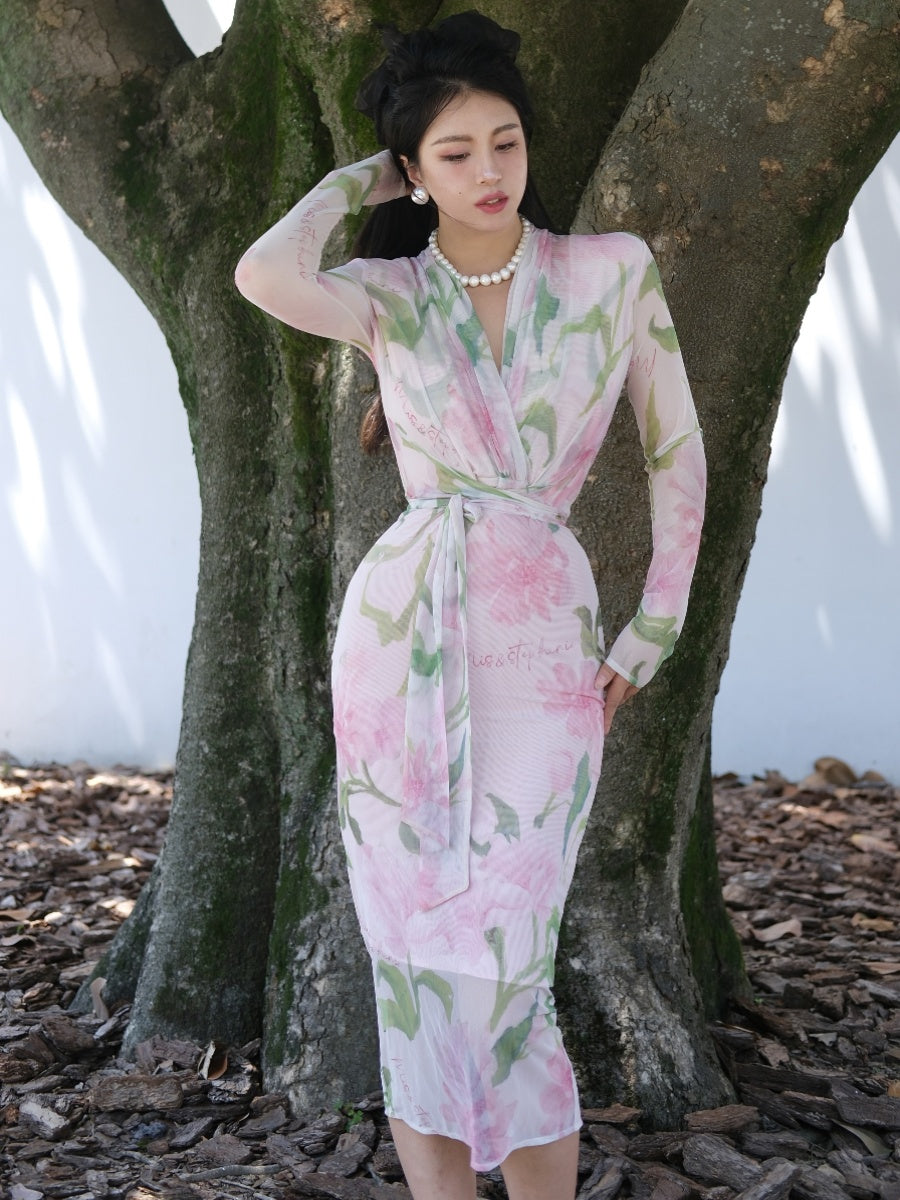 Keli Kong-lylofficial Summer Peony Mesh Slim Dress Classy Elegant Slim Looking Pure