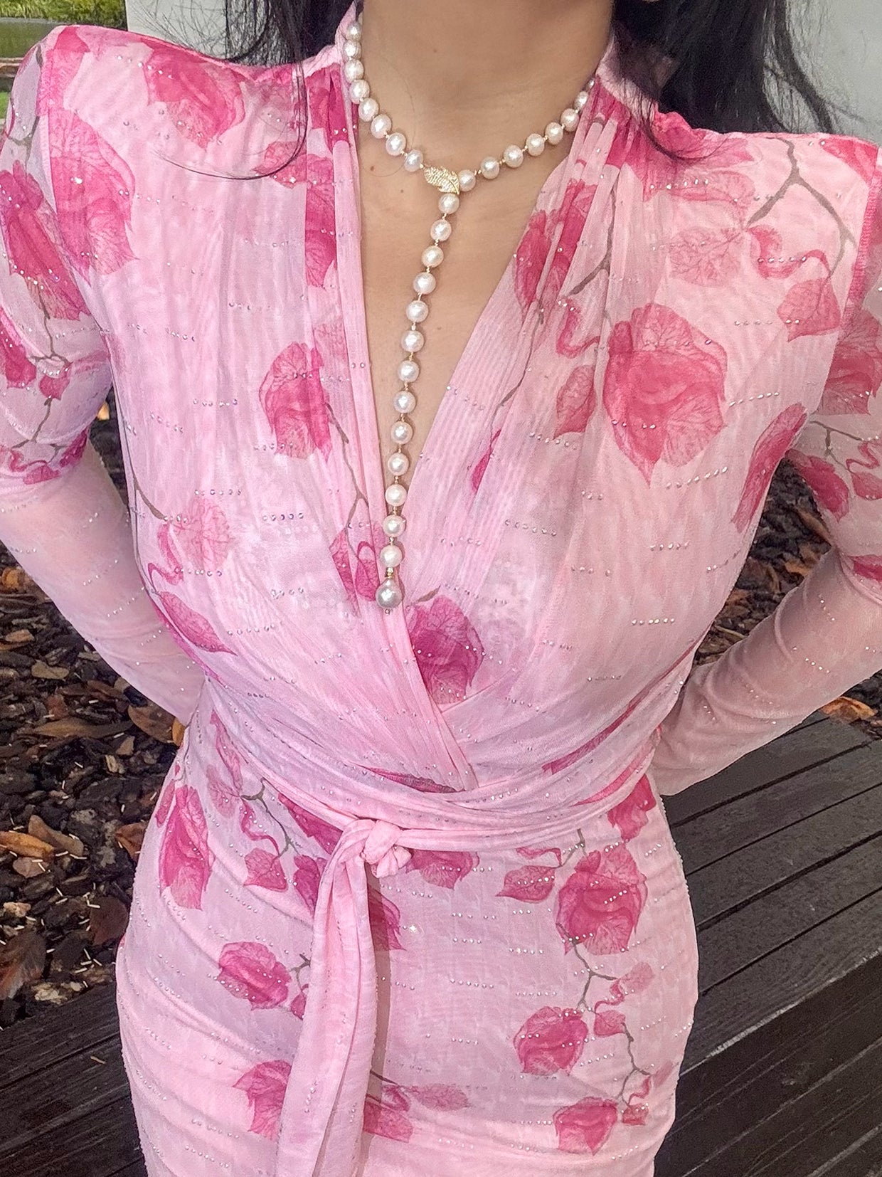 Can stand upright Kong-lylofficial Exquisite Peach Blossom Mesh Sparkling Diamond Bodycon Dress Elegant High-end Feel Brightening