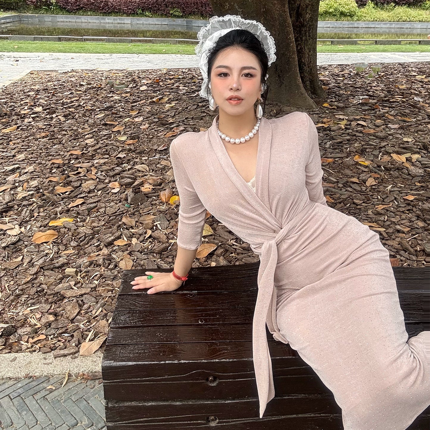 Can stand upright Kong-lylofficial Coral Pink Rhinestone Wrapped Dress Elegant High-End Sexy Slimming Women