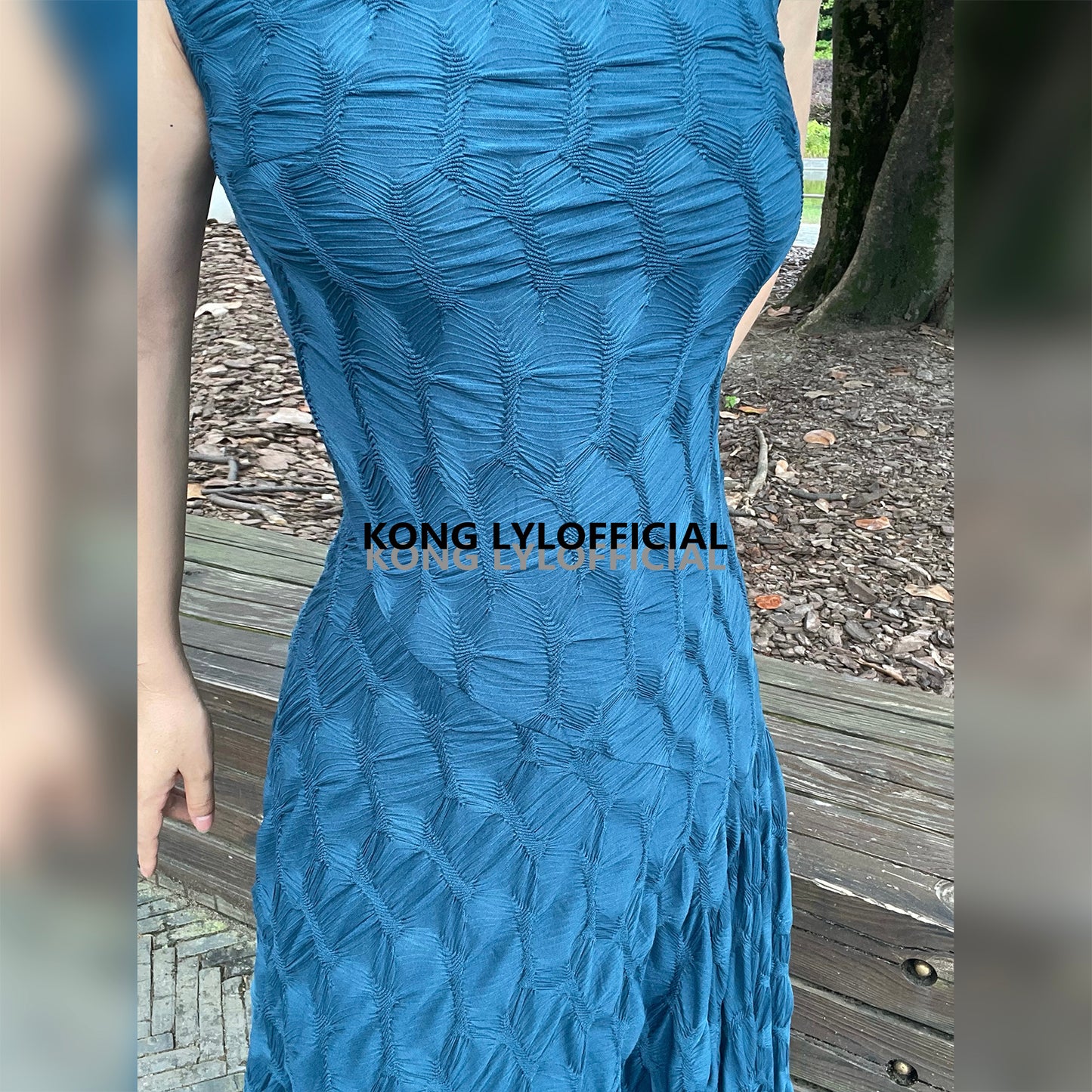 Can stand upright Kong-lylofficial Designer Brand Peacock Blue Three-Dimensional Embroidered Dress Sexy Waist-Cinching