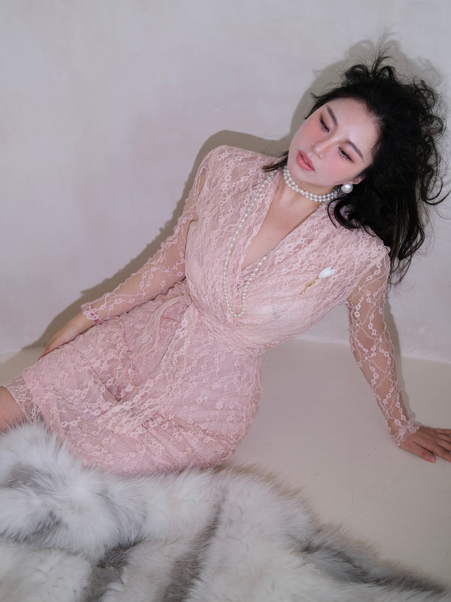 Keli Kong-lylofficial Milk Jade Pink Coral Lace Slim Dress Elegant Fancy Female Flavor