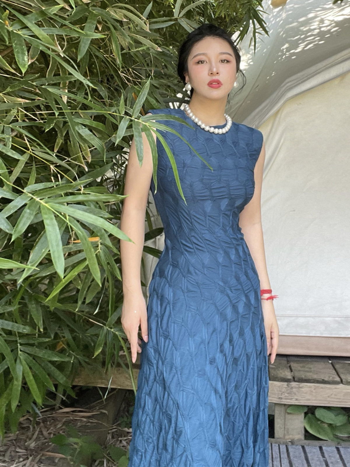 Can stand upright Kong-lylofficial Designer Brand Peacock Blue Three-Dimensional Embroidered Dress Sexy Waist-Cinching