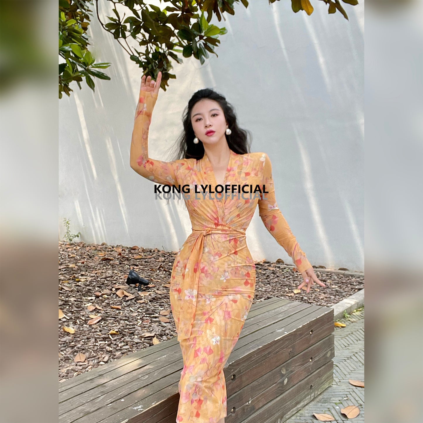 Keli Kong-lylofficial Designer Brand Amber Ginkgo Mesh Slim Dress Elegant Slim Looking Female