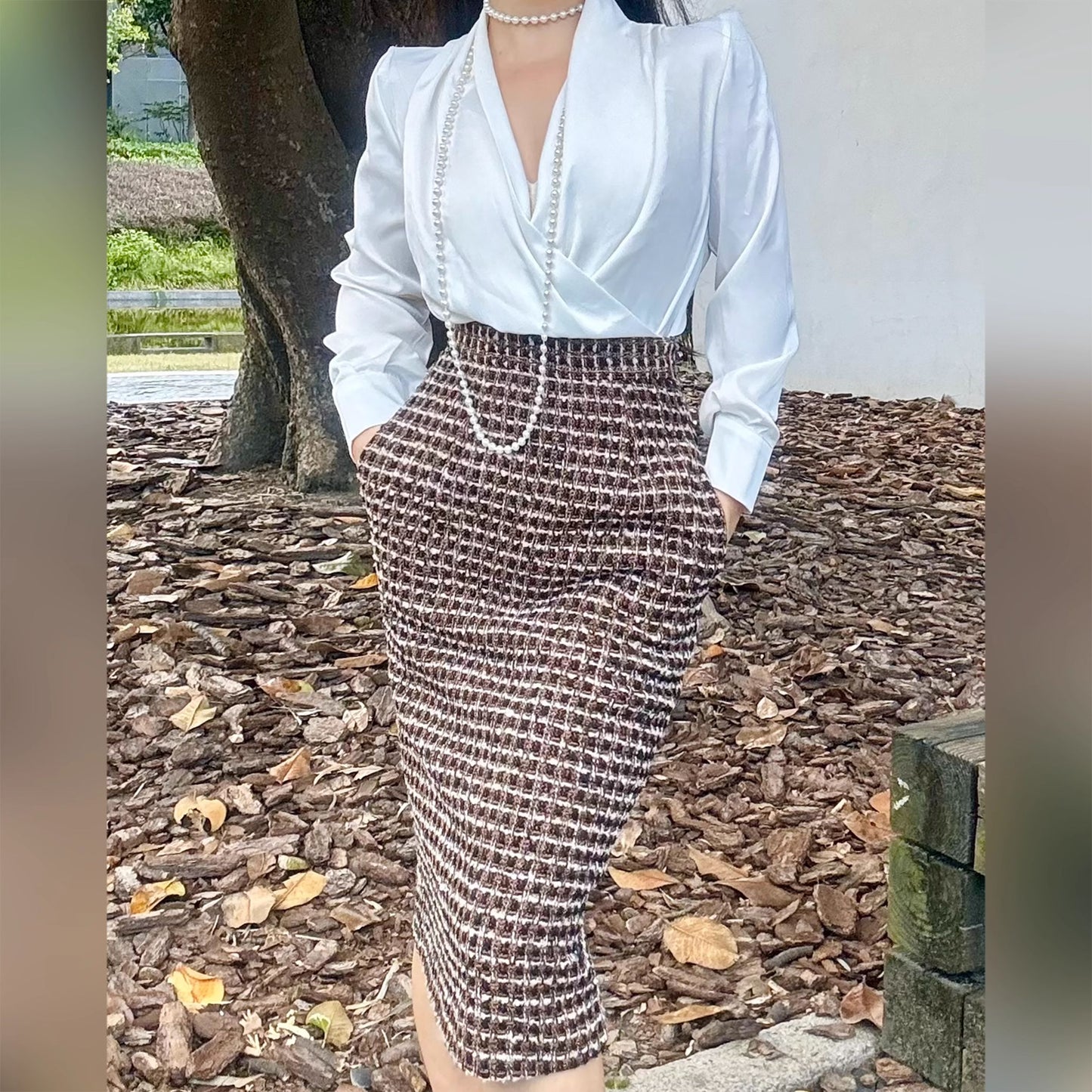 Can stand upright Kong-lylofficial Little Chanel Style Woolen Autumn Winter Slimming Mid-Length Slit Bodycon Skirt