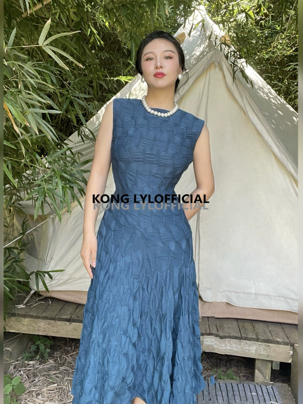 Can stand upright Kong-lylofficial Designer Brand Peacock Blue Three-Dimensional Embroidered Dress Sexy Waist-Cinching