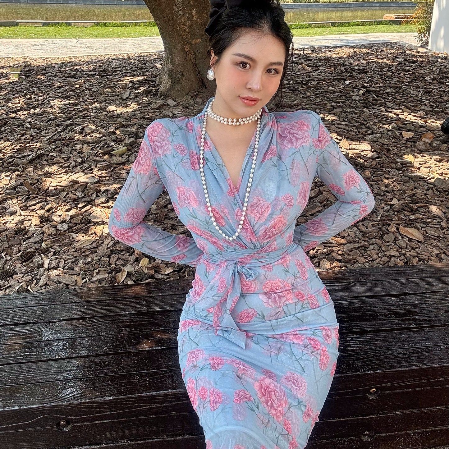Can stand upright Kong-lylofficial Elegant and High-End Feminine Peony Mesh Wrap Dress