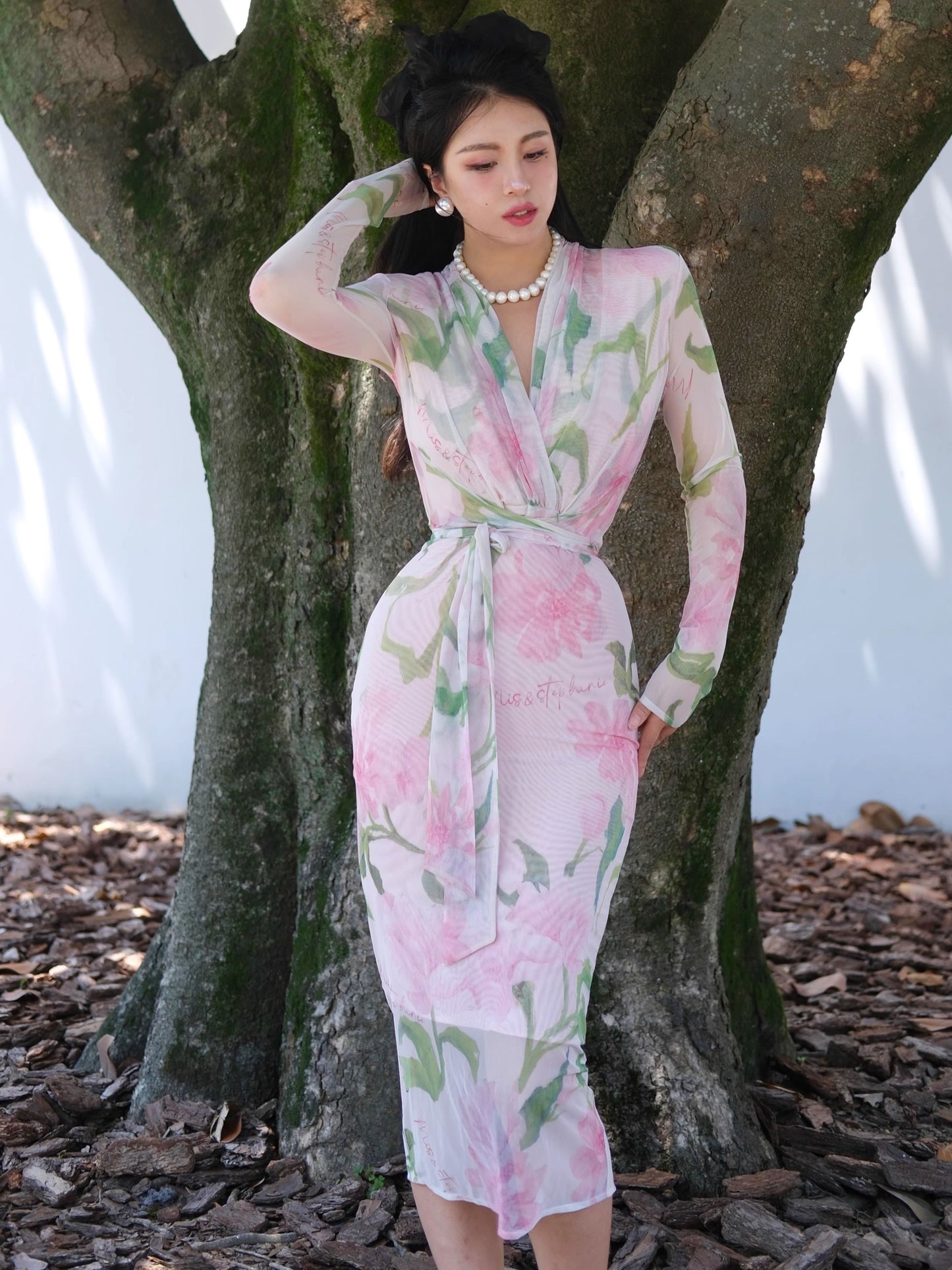 Keli Kong-lylofficial Summer Peony Mesh Slim Dress Classy Elegant Slim Looking Pure