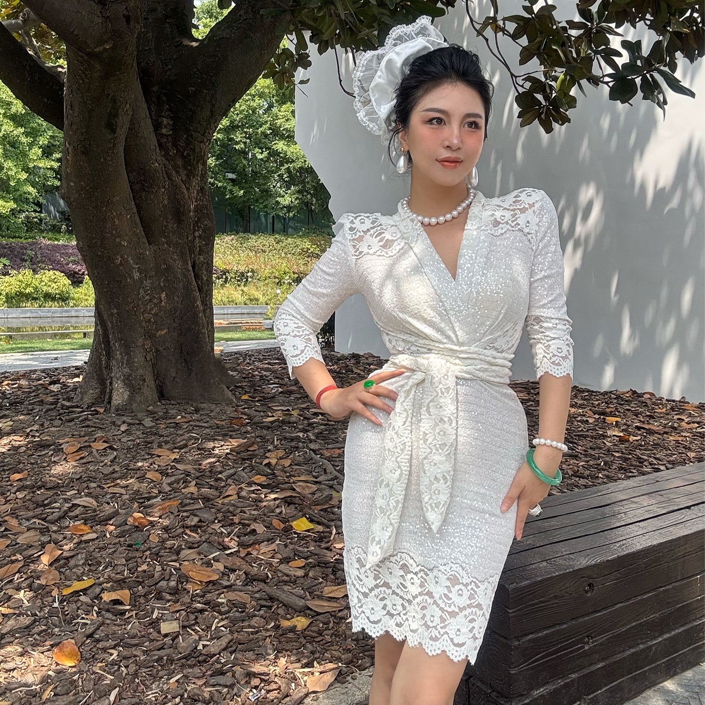 Can stand upright Kong-lylofficial Garden Lace Wrap Dress Elegant High-End Sexy Pure Desire Slimming Women