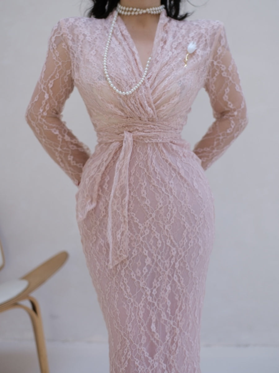 Keli Kong-lylofficial Milk Jade Pink Coral Lace Slim Dress Elegant Fancy Female Flavor