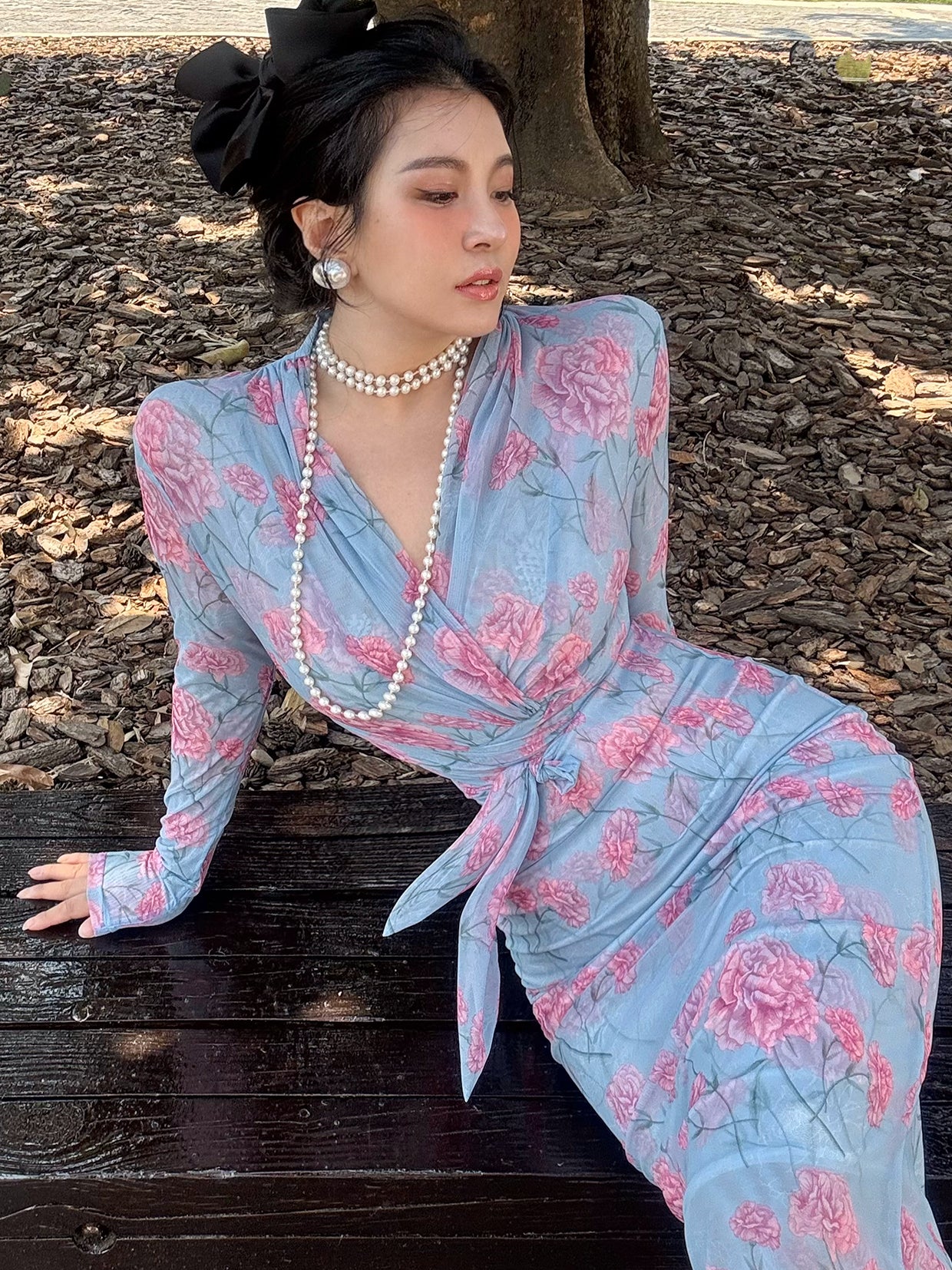 Can stand upright Kong-lylofficial Elegant and High-End Feminine Peony Mesh Wrap Dress