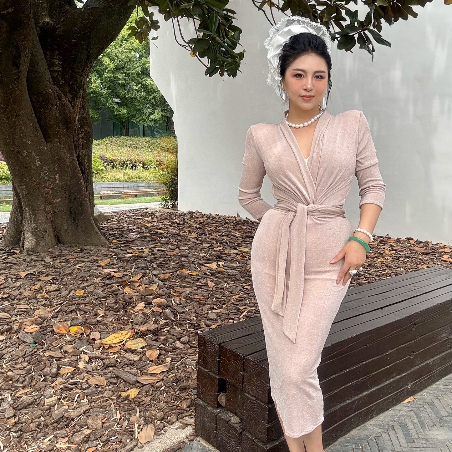 Can stand upright Kong-lylofficial Coral Pink Rhinestone Wrapped Dress Elegant High-End Sexy Slimming Women