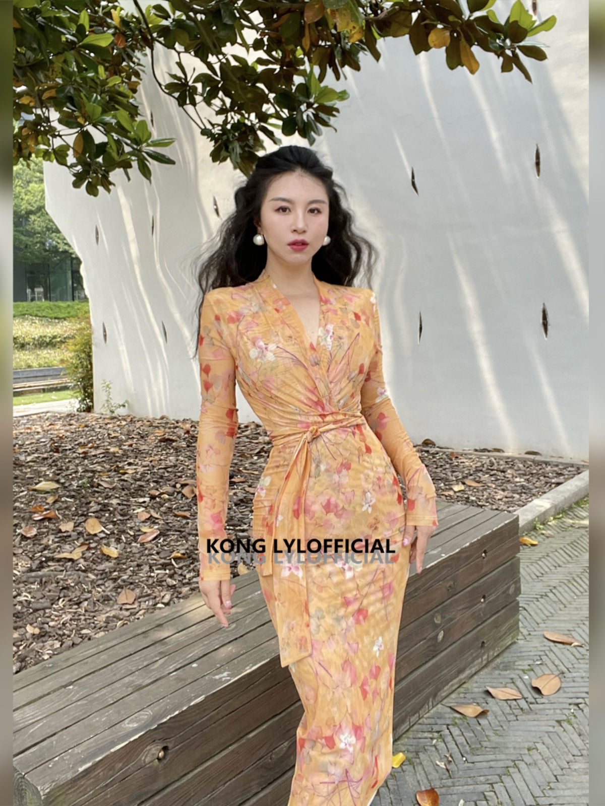 Keli Kong-lylofficial Designer Brand Amber Ginkgo Mesh Slim Dress Elegant Slim Looking Female