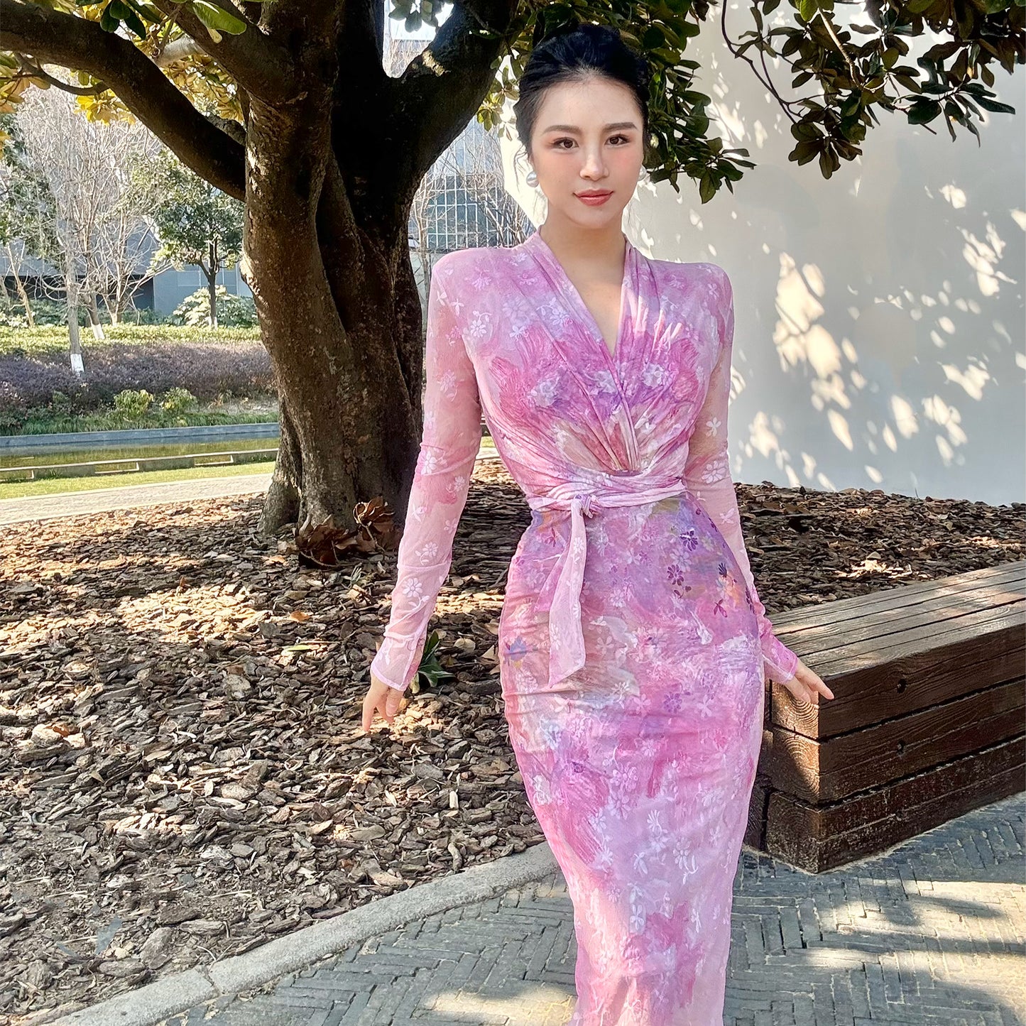 Can stand upright Kong-lylofficial Gold Powder Peony Nano Sheer Printed Wrap Dress Sexy Feminine
