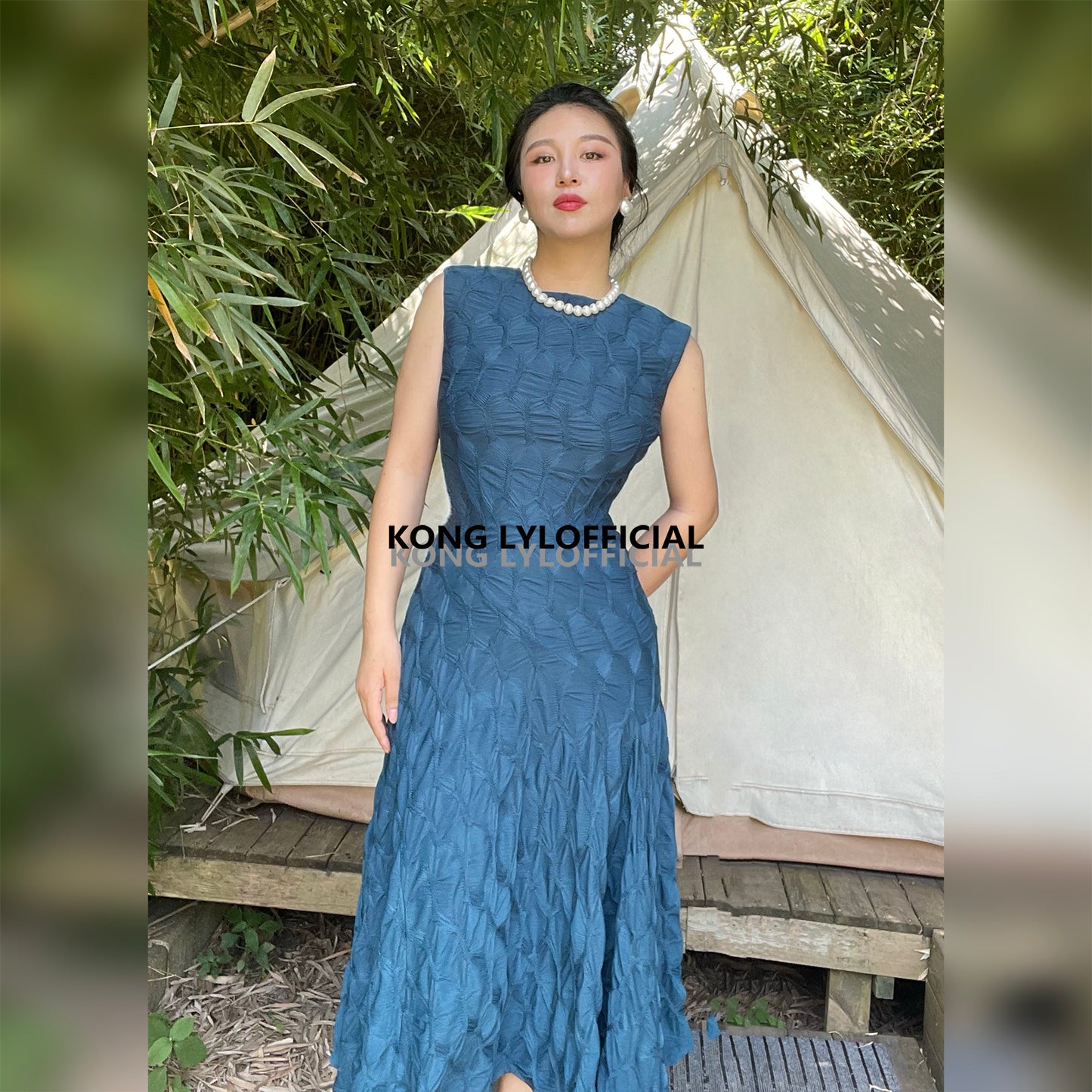 Can stand upright Kong-lylofficial Designer Brand Peacock Blue Three-Dimensional Embroidered Dress Sexy Waist-Cinching