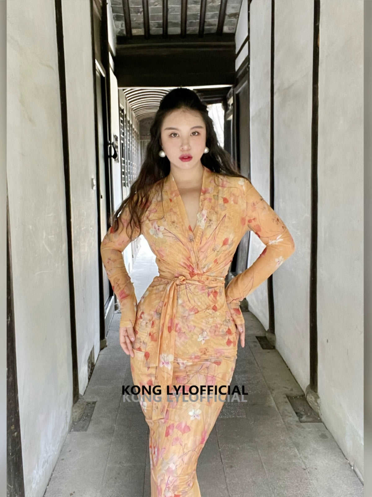 Keli Kong-lylofficial Designer Brand Amber Ginkgo Mesh Slim Dress Elegant Slim Looking Female