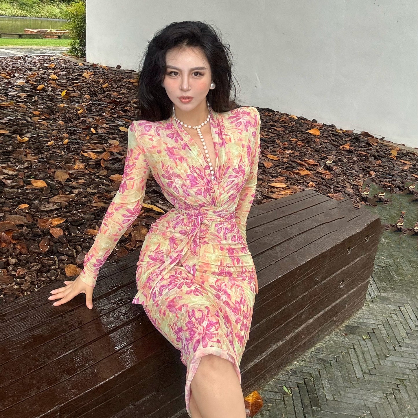 Can stand upright Kong-lylofficial Golden Phoenix Flower Mesh Sparkling Diamond Bodycon Dress Elegant High-end Feel Brightening Slimming