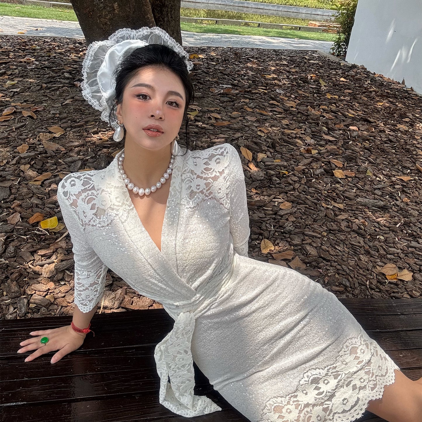 Can stand upright Kong-lylofficial Garden Lace Wrap Dress Elegant High-End Sexy Pure Desire Slimming Women