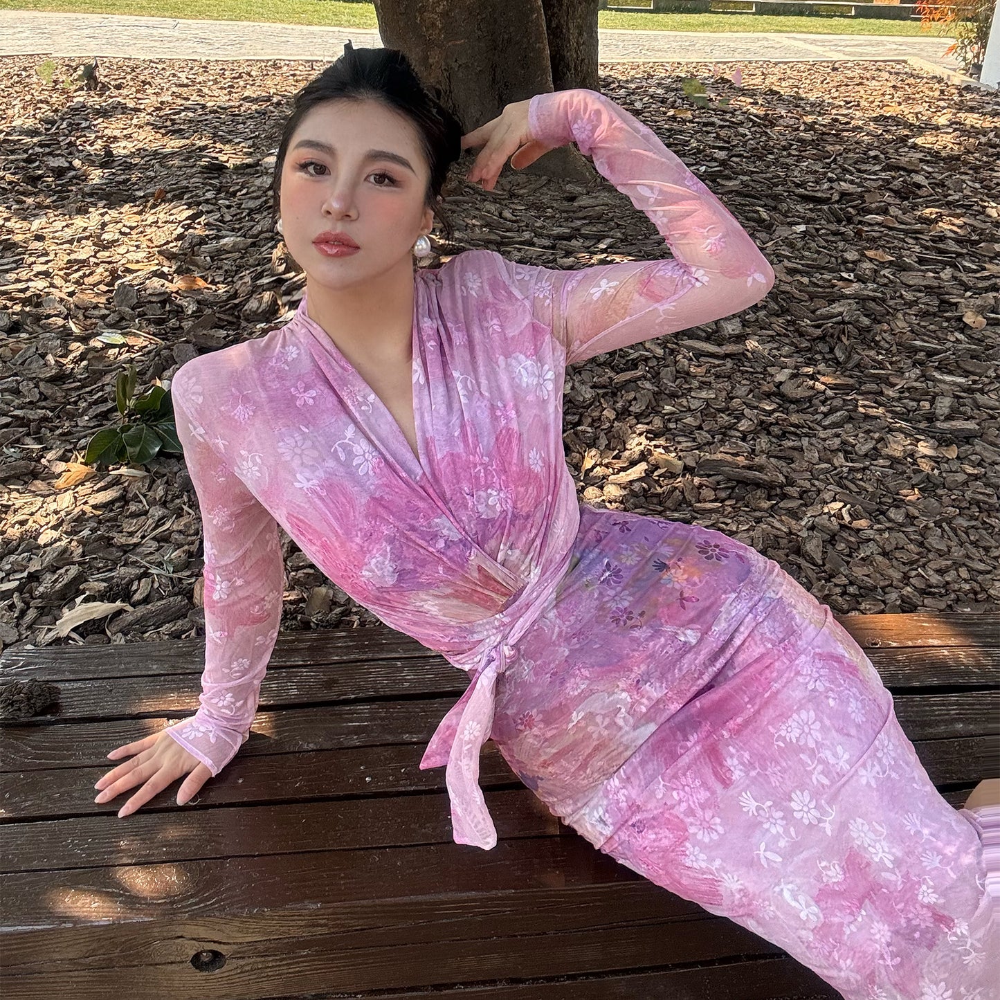 Can stand upright Kong-lylofficial Gold Powder Peony Nano Sheer Printed Wrap Dress Sexy Feminine