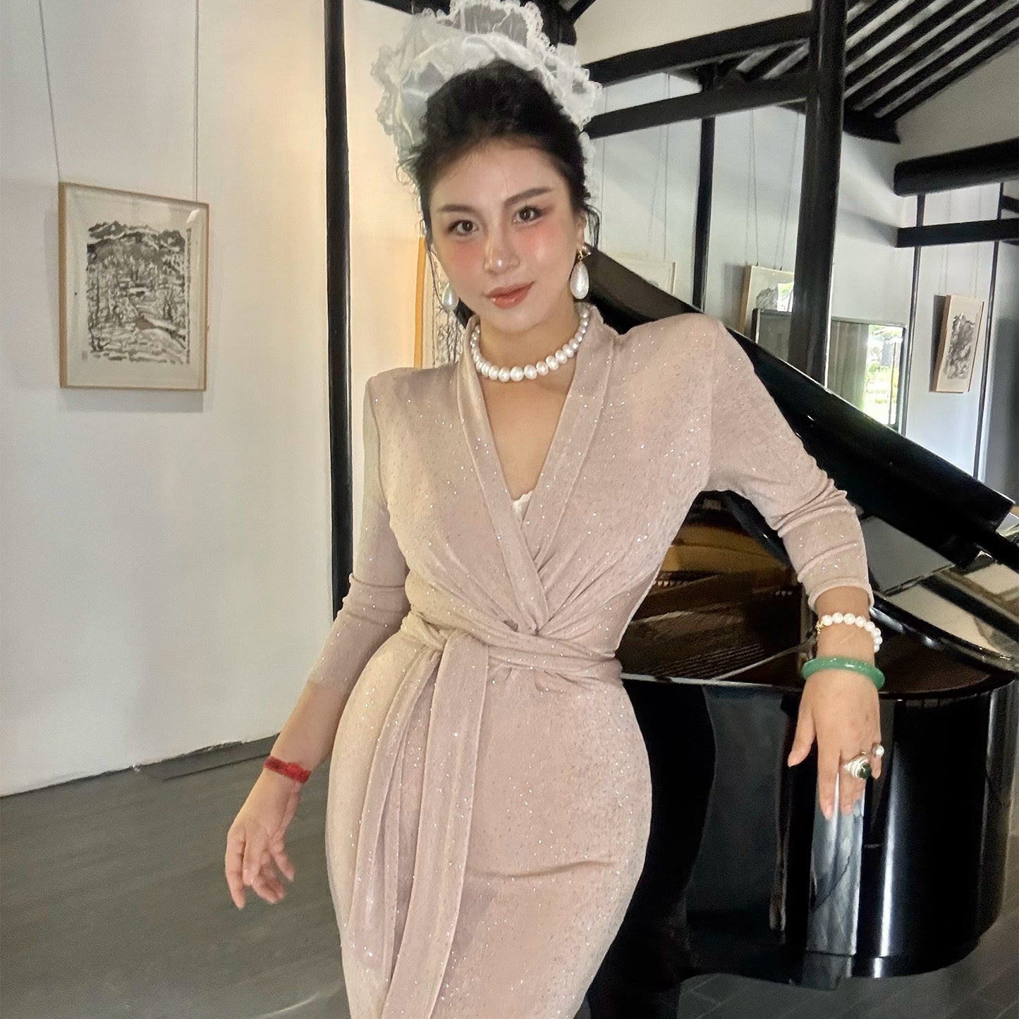 Can stand upright Kong-lylofficial Coral Pink Rhinestone Wrapped Dress Elegant High-End Sexy Slimming Women