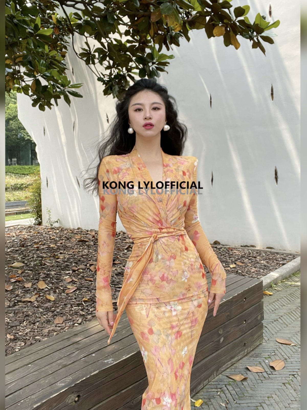 Keli Kong-lylofficial Designer Brand Amber Ginkgo Mesh Slim Dress Elegant Slim Looking Female