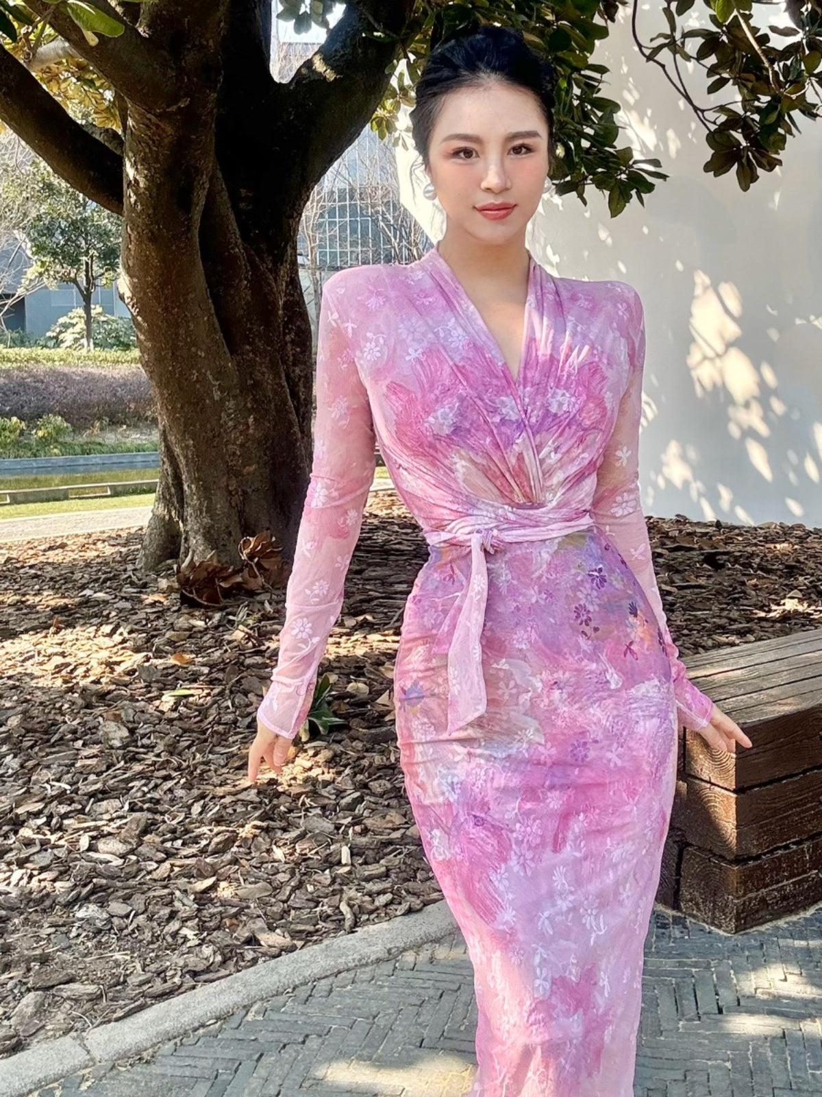 Can stand upright Kong-lylofficial Gold Powder Peony Nano Sheer Printed Wrap Dress Sexy Feminine