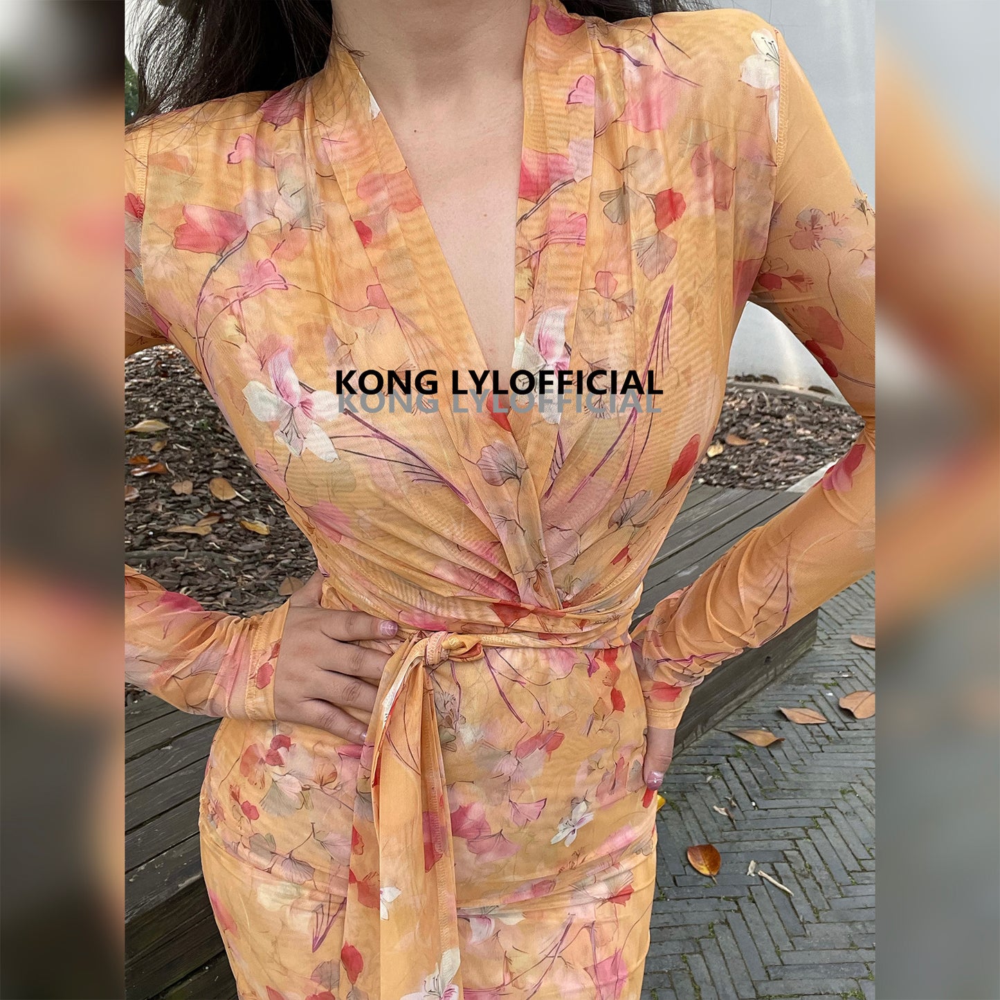 Keli Kong-lylofficial Designer Brand Amber Ginkgo Mesh Slim Dress Elegant Slim Looking Female