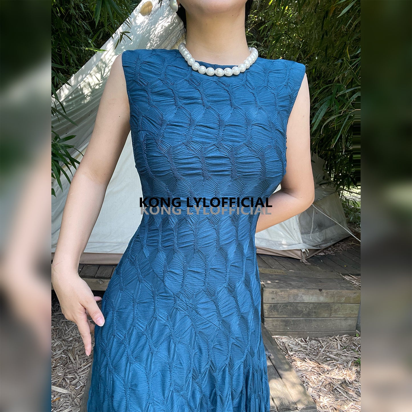 Can stand upright Kong-lylofficial Designer Brand Peacock Blue Three-Dimensional Embroidered Dress Sexy Waist-Cinching