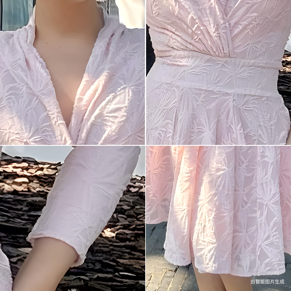 Can stand upright Kong-lylofficial Cream Pink Embossed Embroidery Waist-Cinching Dress Slimming Elegant High-End Feel