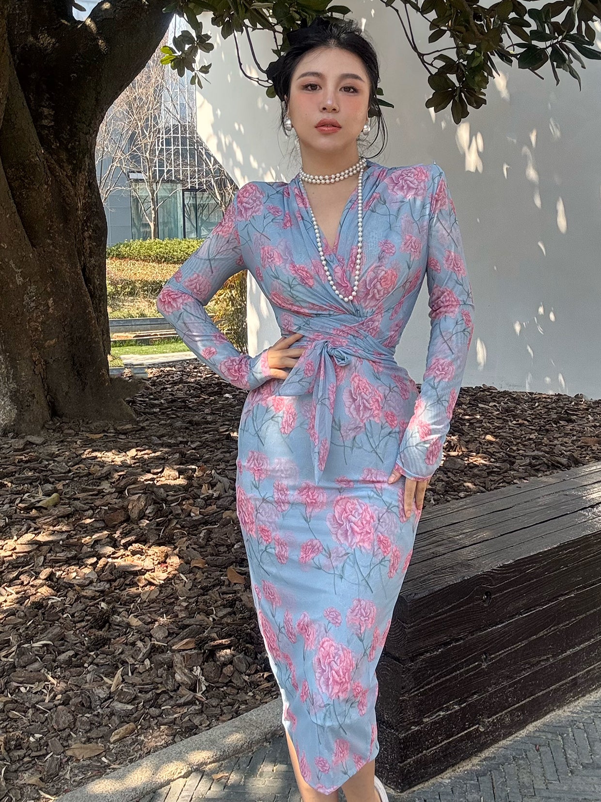 Can stand upright Kong-lylofficial Elegant and High-End Feminine Peony Mesh Wrap Dress