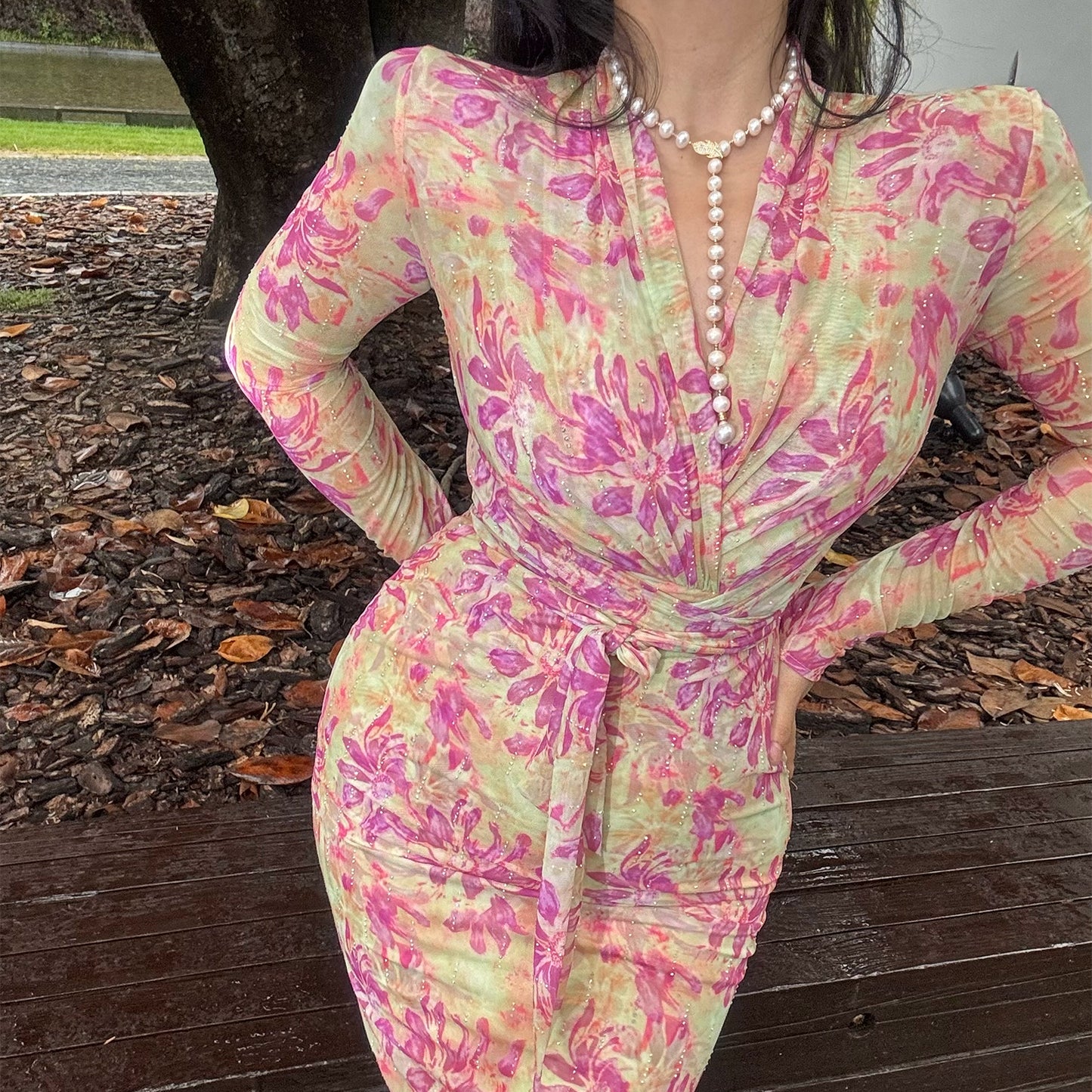 Can stand upright Kong-lylofficial Golden Phoenix Flower Mesh Sparkling Diamond Bodycon Dress Elegant High-end Feel Brightening Slimming