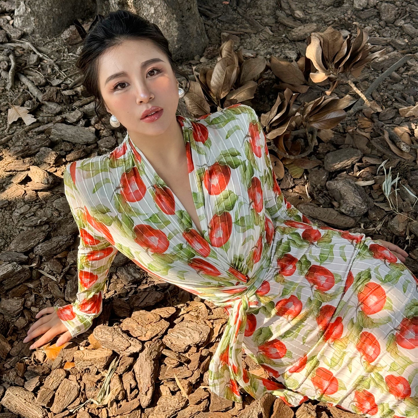 Can stand upright Kong-lylofficial Flower Bloom Wealth Velvet Sheer Wrap Dress Slimming Elegant High-end Feel