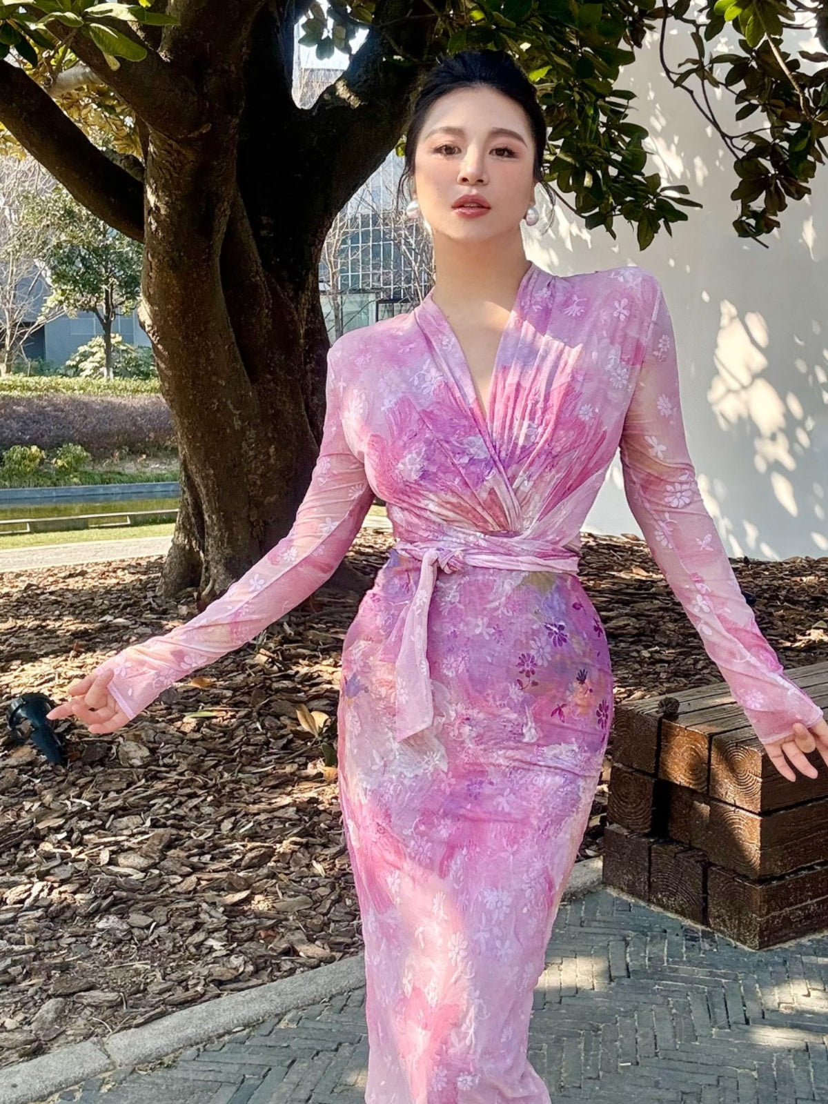 Can stand upright Kong-lylofficial Gold Powder Peony Nano Sheer Printed Wrap Dress Sexy Feminine