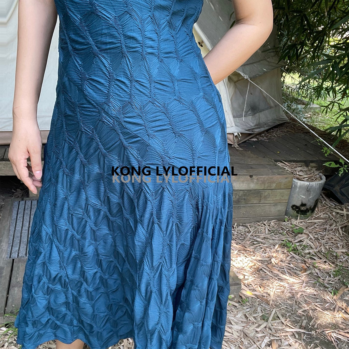 Can stand upright Kong-lylofficial Designer Brand Peacock Blue Three-Dimensional Embroidered Dress Sexy Waist-Cinching