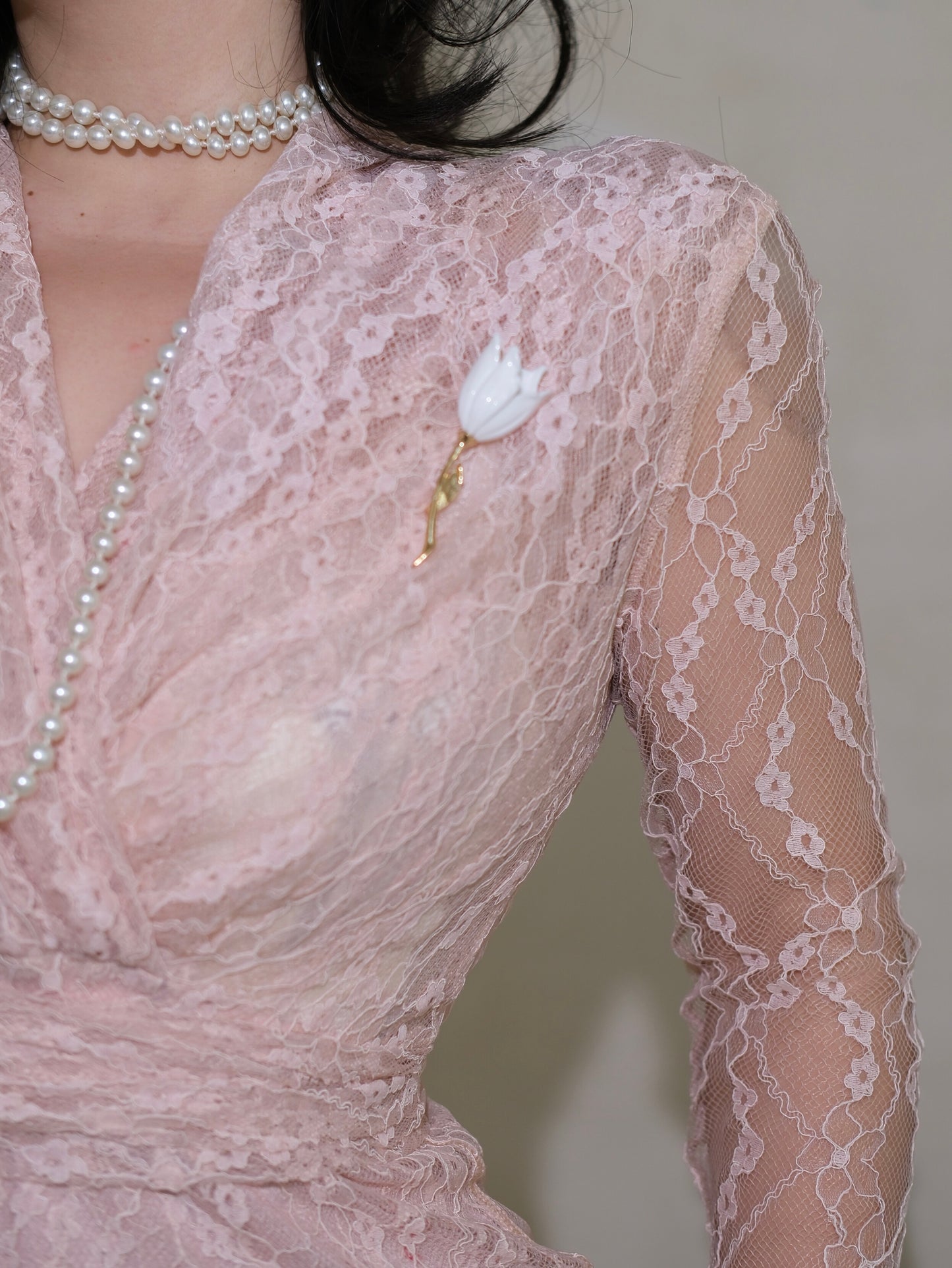 Keli Kong-lylofficial Milk Jade Pink Coral Lace Slim Dress Elegant Fancy Female Flavor