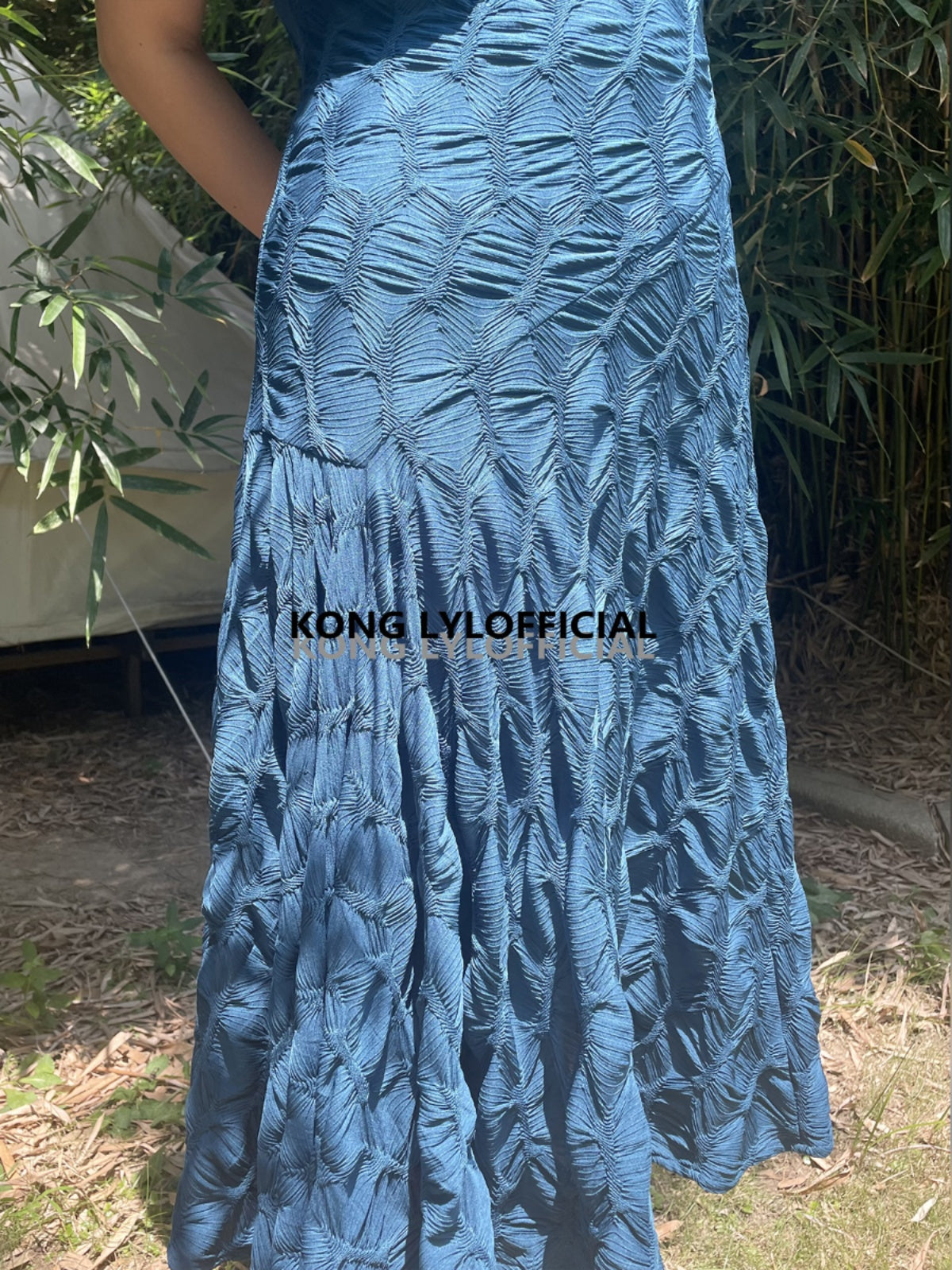 Can stand upright Kong-lylofficial Designer Brand Peacock Blue Three-Dimensional Embroidered Dress Sexy Waist-Cinching