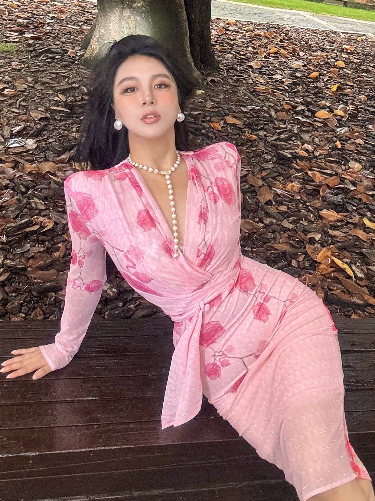 Can stand upright Kong-lylofficial Exquisite Peach Blossom Mesh Sparkling Diamond Bodycon Dress Elegant High-end Feel Brightening