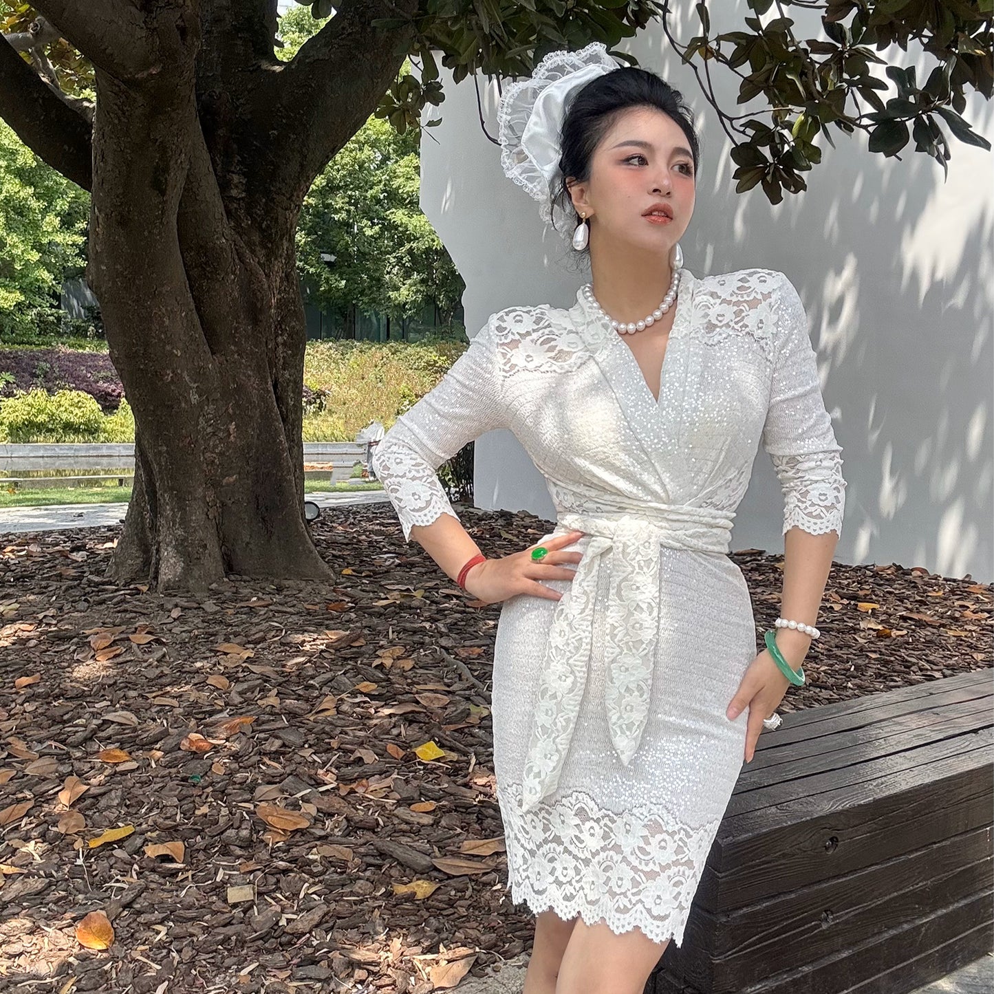 Can stand upright Kong-lylofficial Garden Lace Wrap Dress Elegant High-End Sexy Pure Desire Slimming Women