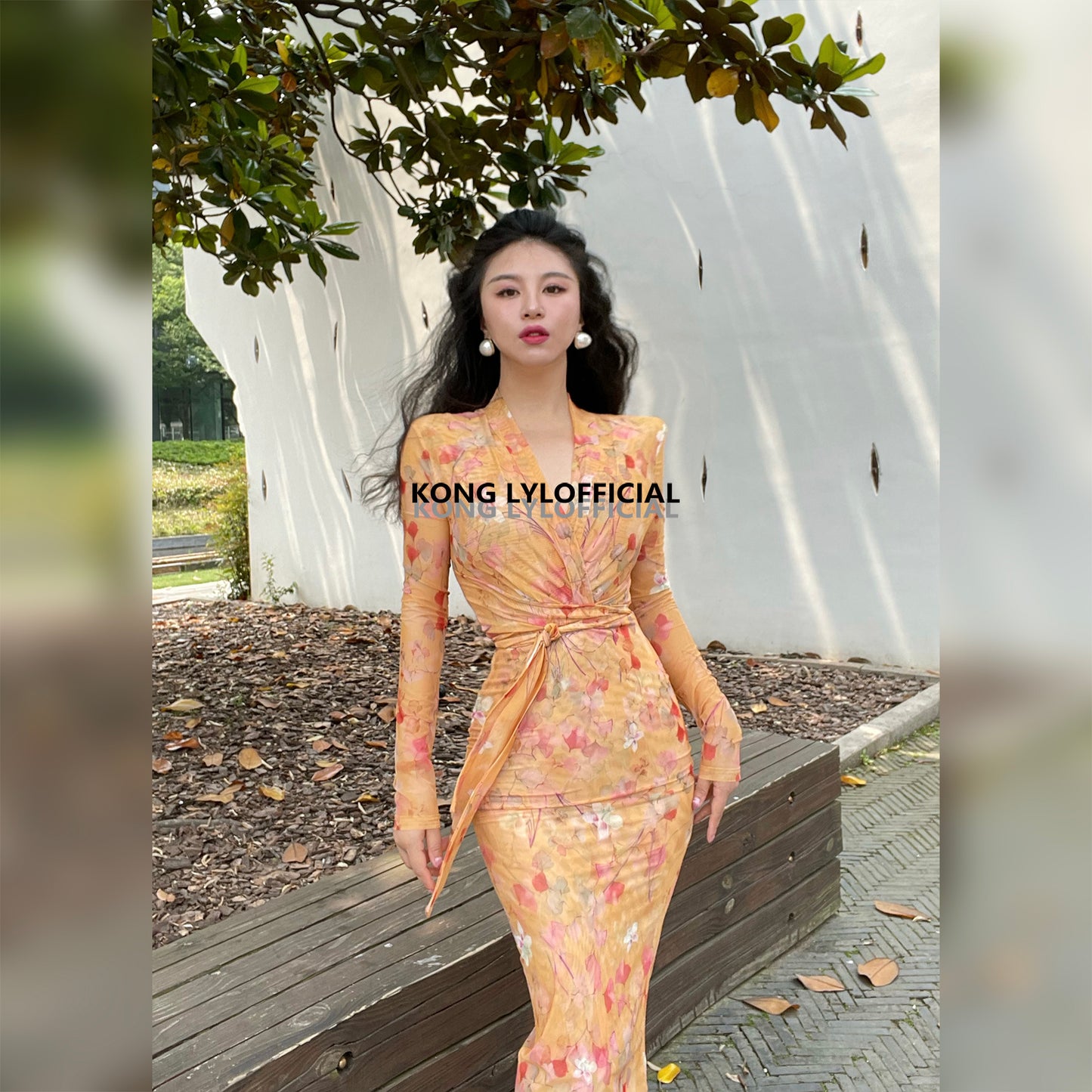 Keli Kong-lylofficial Designer Brand Amber Ginkgo Mesh Slim Dress Elegant Slim Looking Female