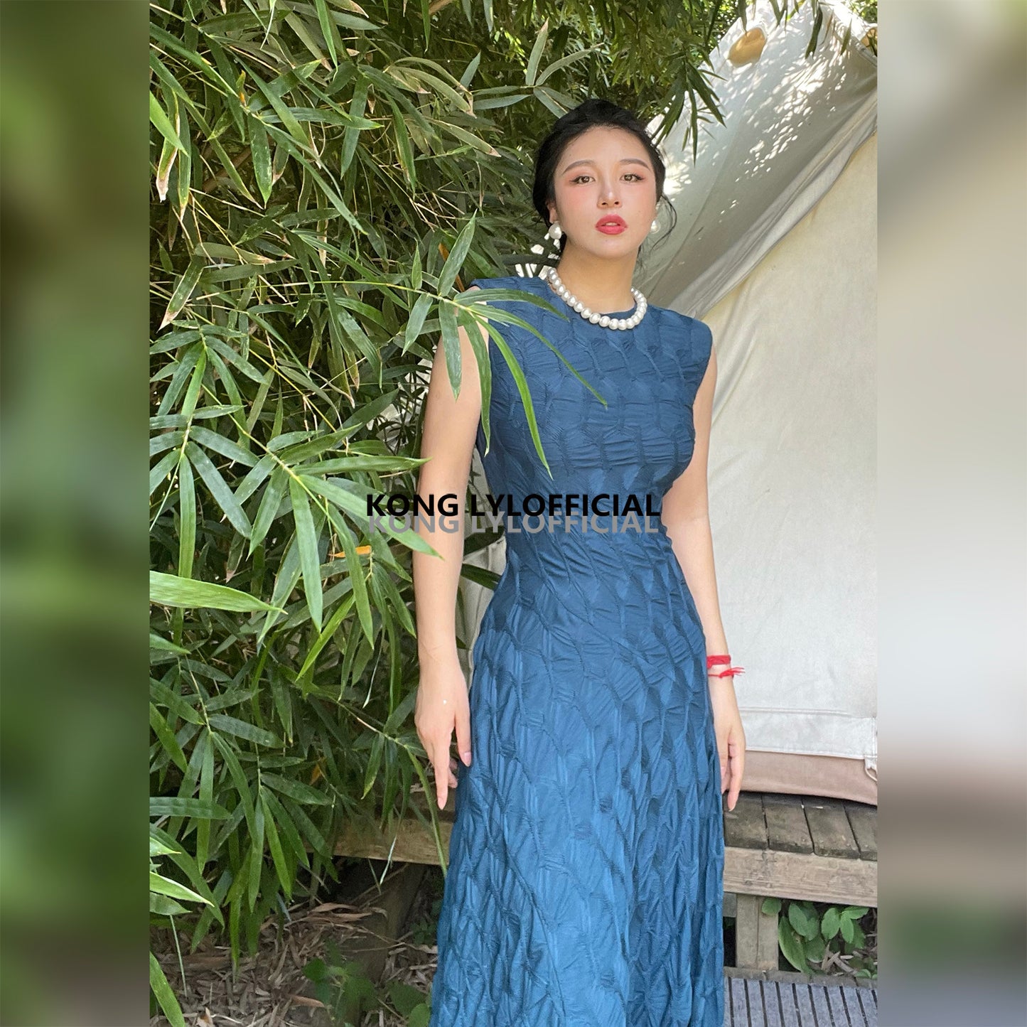 Can stand upright Kong-lylofficial Designer Brand Peacock Blue Three-Dimensional Embroidered Dress Sexy Waist-Cinching