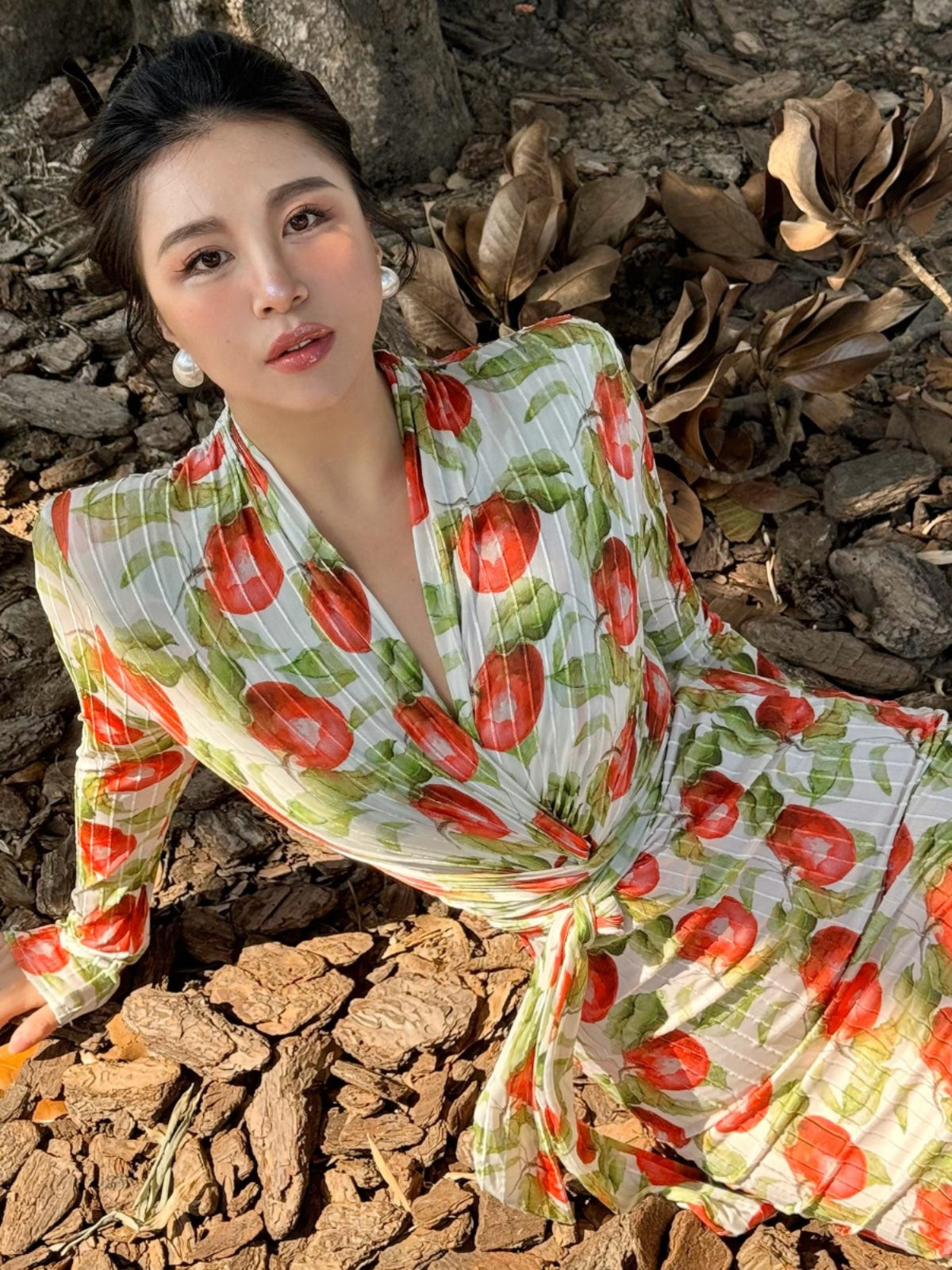 Can stand upright Kong-lylofficial Flower Bloom Wealth Velvet Sheer Wrap Dress Slimming Elegant High-end Feel