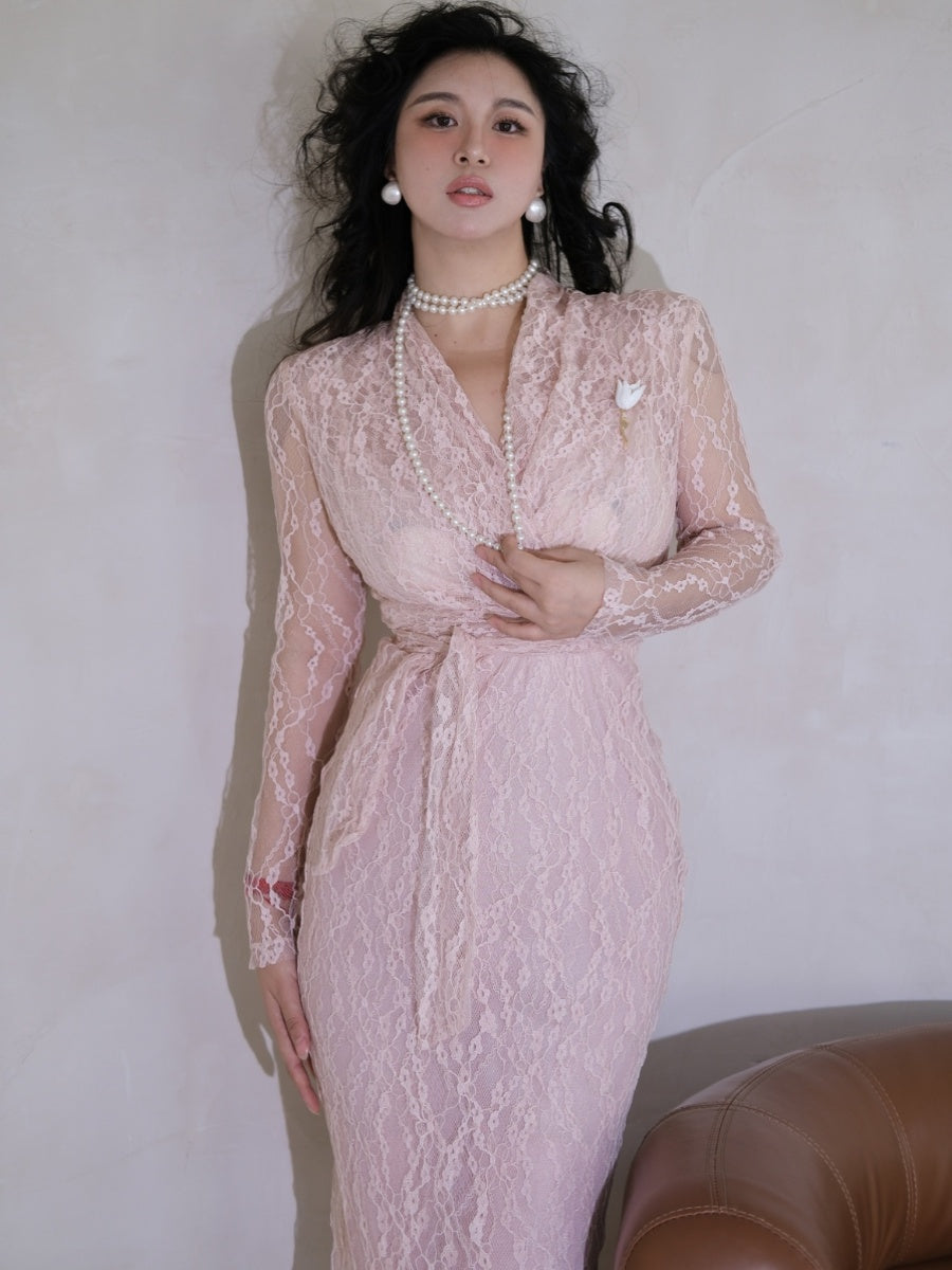 Keli Kong-lylofficial Milk Jade Pink Coral Lace Slim Dress Elegant Fancy Female Flavor